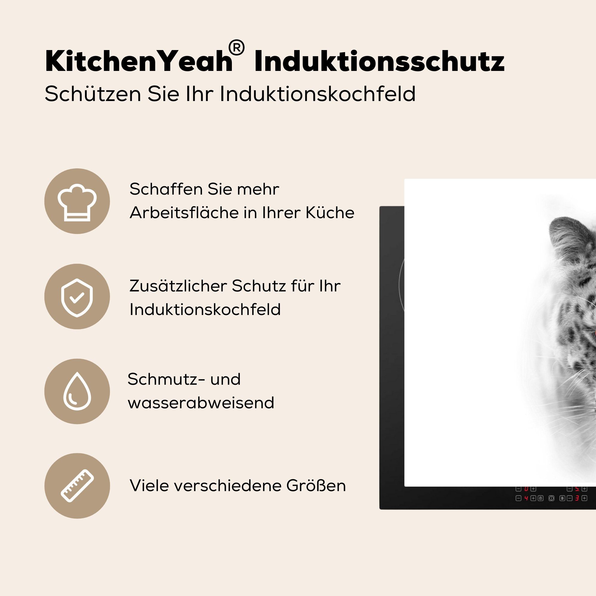 MuchoWow 81x52 für Induktionskochfeld Weiß küche, tlg), cm, die Leopard Kopf, Schutz - Herdblende-/Abdeckplatte Ceranfeldabdeckung (1 Vinyl, Schwarz - -