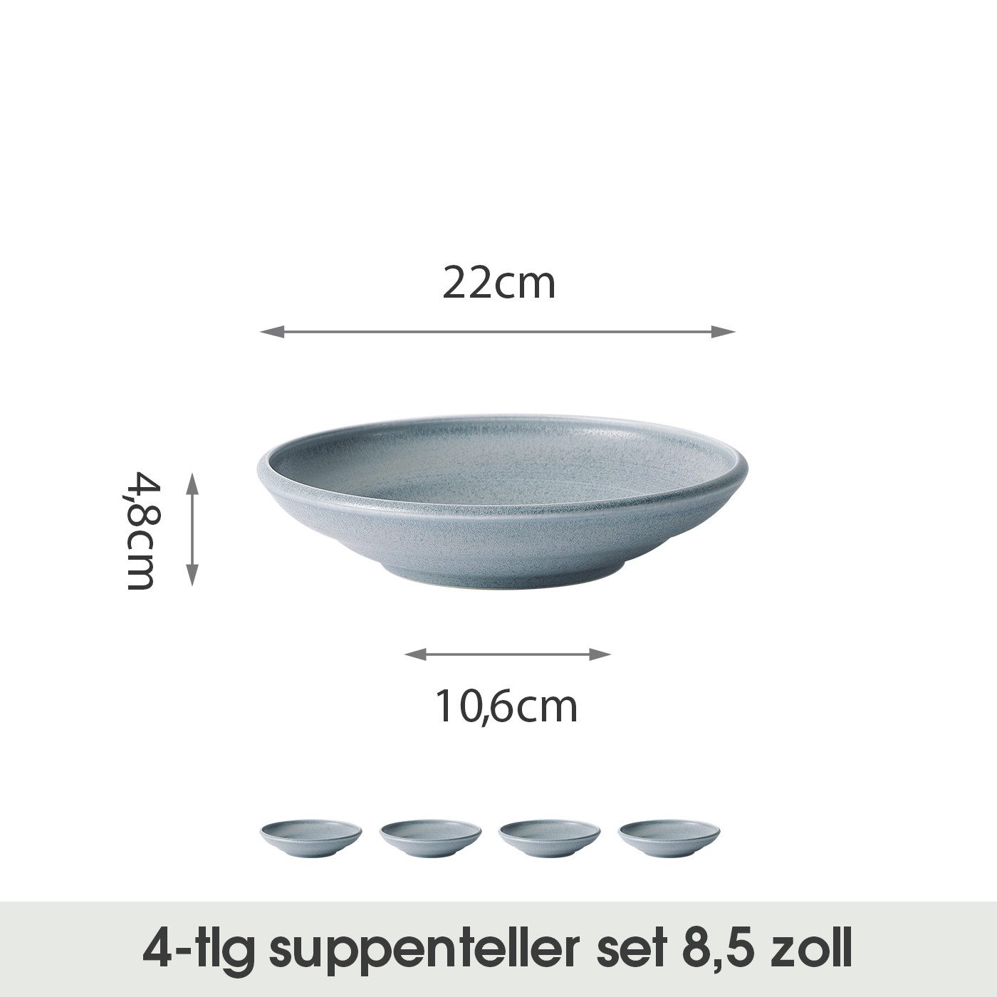 JIWOO Suppenteller 4er Ø22cm, Speiseteller Pastateller Salatteller Dessertteller Plate, (4 St), Keramik Tellerset Weiß mikrowellen- und spülmaschinenfest Ø21,2 cm