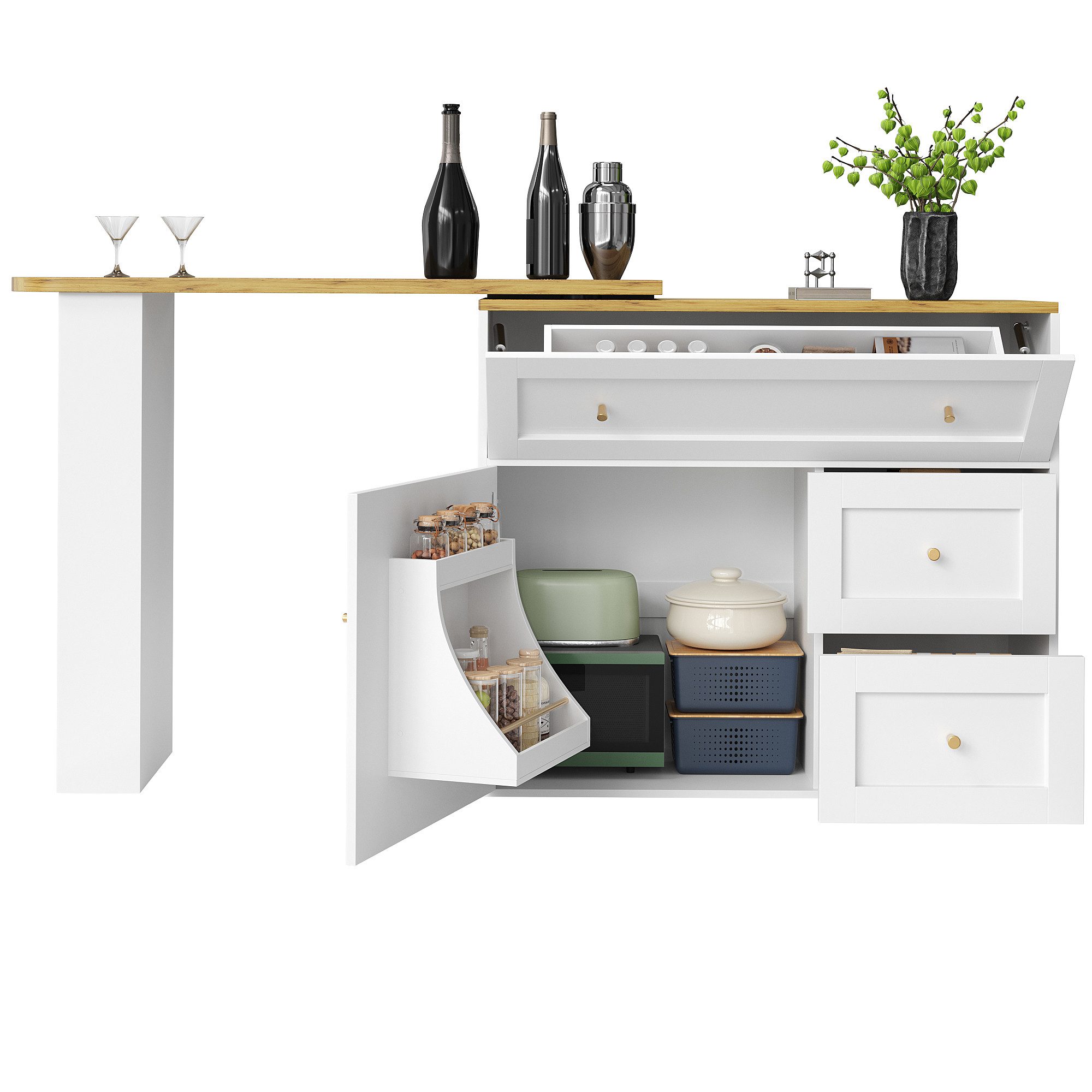 OKWISH Bartisch Ausziehbarer Küchenschrank,Sideboard (Ausziehbarer Bartisch mit Stauraum – Drehplatte, platzsparendes Klappdesign und Snackregal)