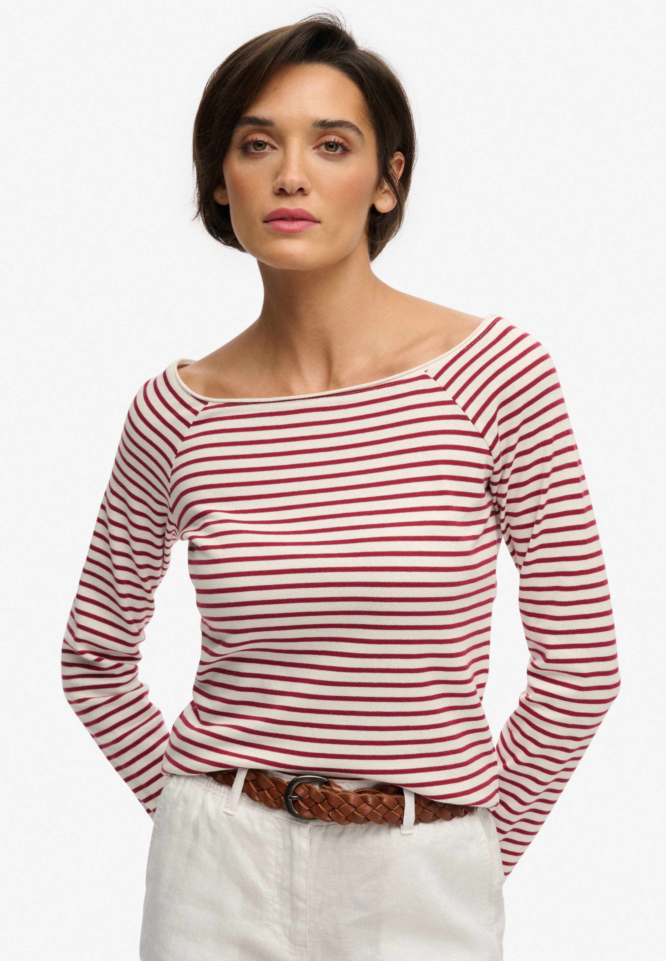 Superdry Langarmshirt BARDOT OFF SHOULDER TOP mit U-Boot Ausschnitt und Wellenkante am Bund