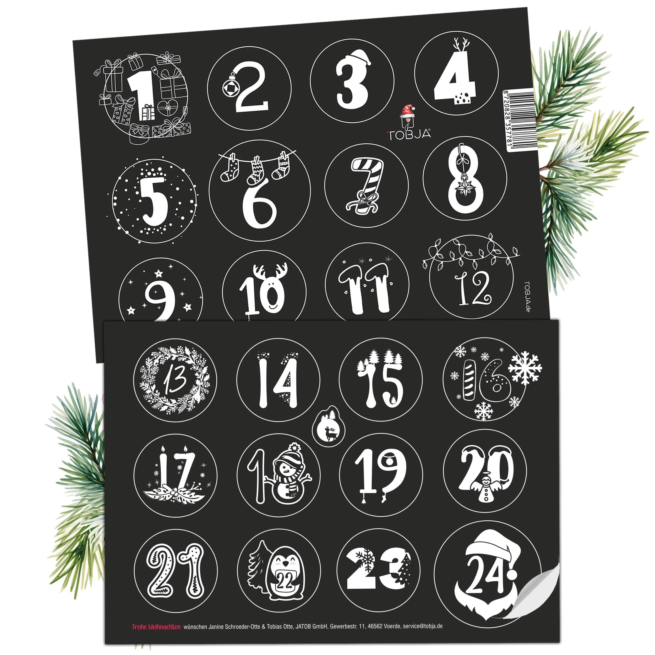 TOBJA Adventskalender Adventsaufkleber Schwarz-Weiß Weihnachtsaufkleber Advent 1-24, Aufkleber Advent Weihnachten. Sticker Nummern Zahlenaufkleber
