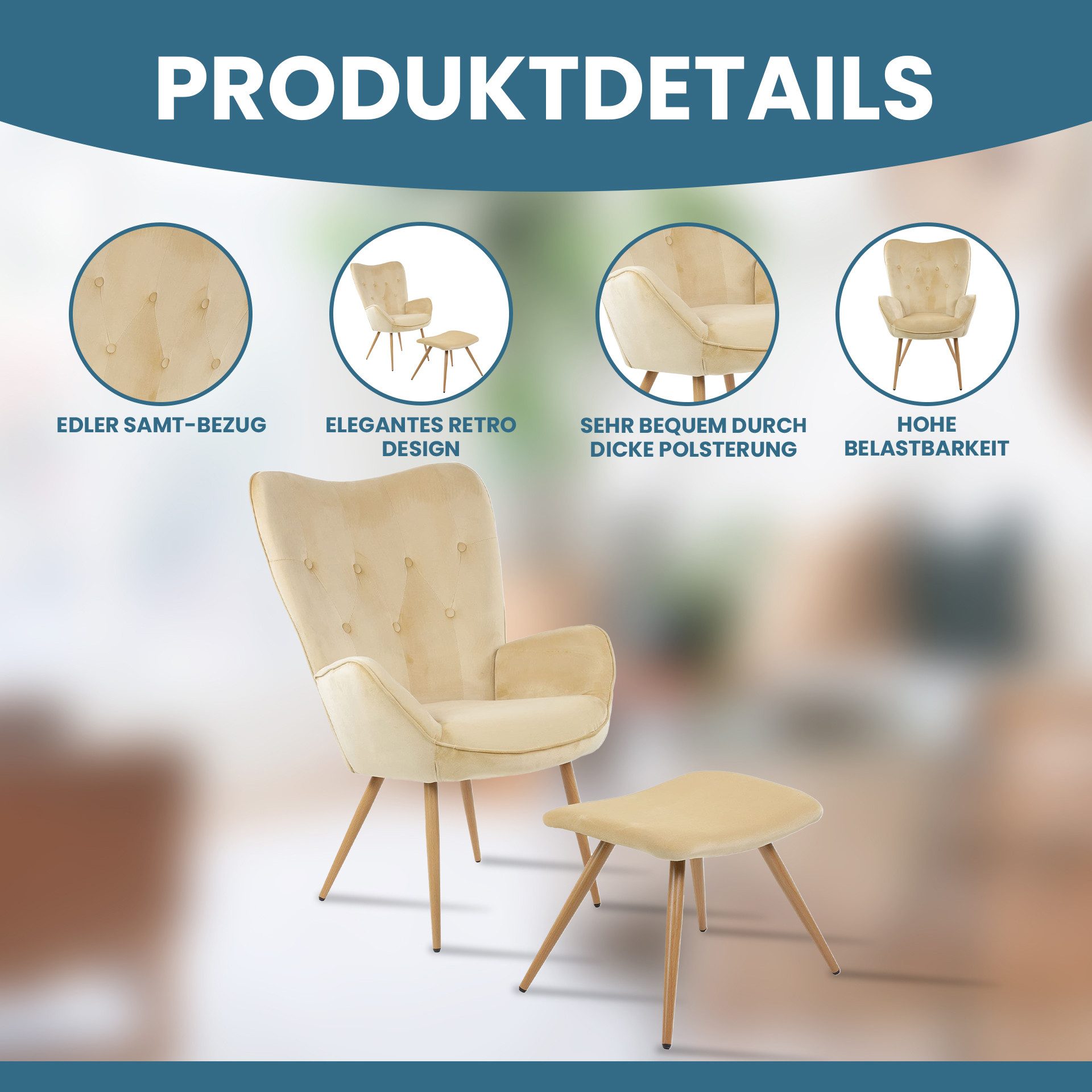 Albatros International Sessel Ohrensessel York beige Moderner Look Relaxsessel Lesesessel (Beige), Vintage u Stilvoll, Samt-Bezug - Eleganter und SGS geprüft – Bild 2 von 5