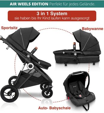 BabyGo Kombi-Kinderwagen Halime AIR 3in1, Anthracite Black, mit Luftreifen, inkl. Babywanne, Babyschale, Regenhaube & Wickeltasche