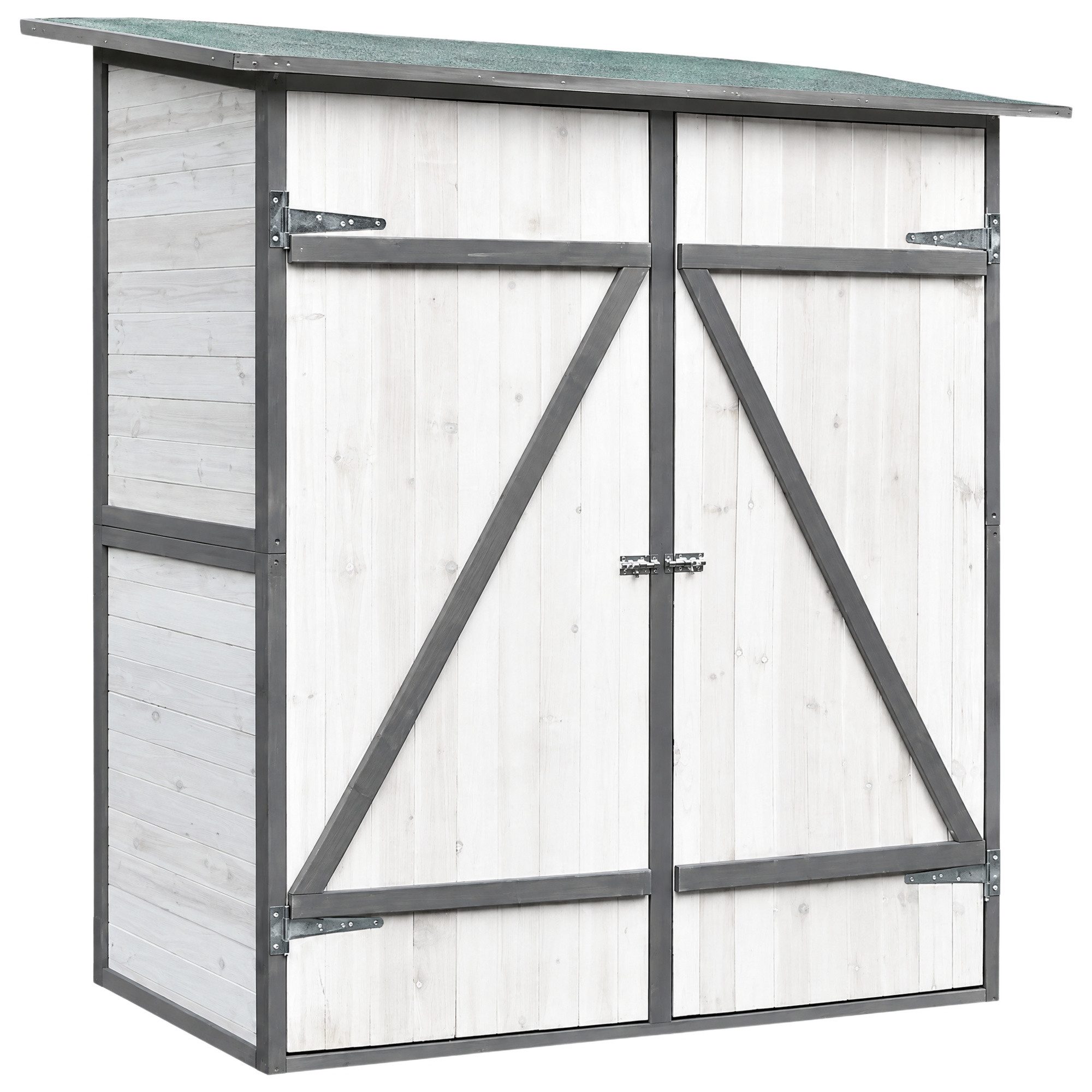 Feel2Home Gartenhaus Gartenschrank Holz mit Pultdach und Doppeltür 162x140x75 cm Weiß/Grau, BxT: 140x75 cm, (mit Asphaltmatte, Dach und Doppelflügeltüren & Schloss), Fußboden und Zweiflügeltür mit Schiebeverriegelung