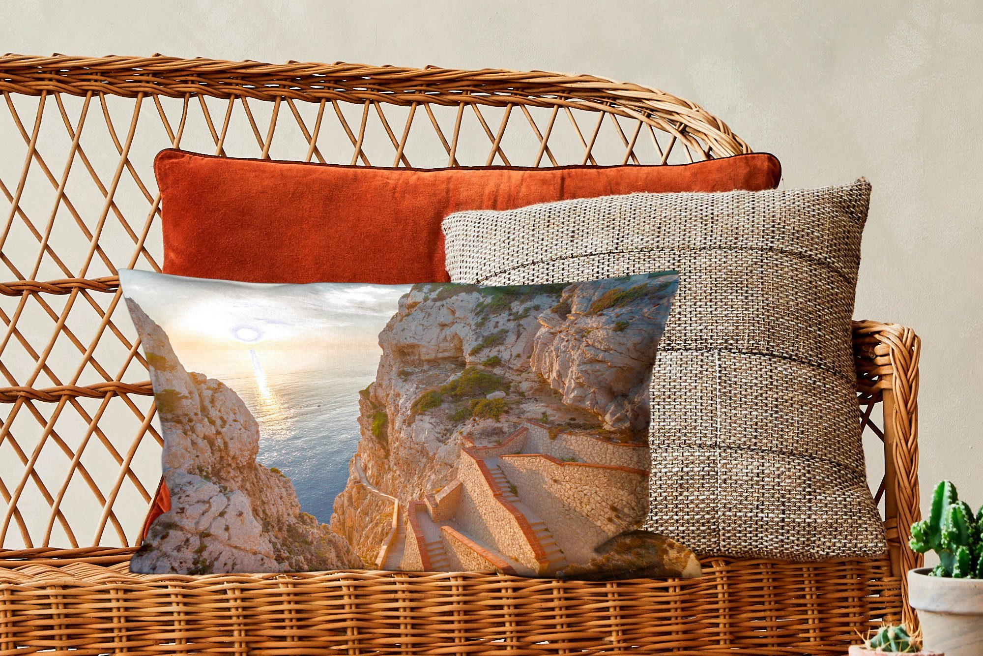 Zierkissen, MuchoWow Sonnenuntergang Füllung, mit Wohzimmer Dekoration, Schlafzimmer Dekokissen Sardinien, Dekokissen der Der Grotte Neptuno von