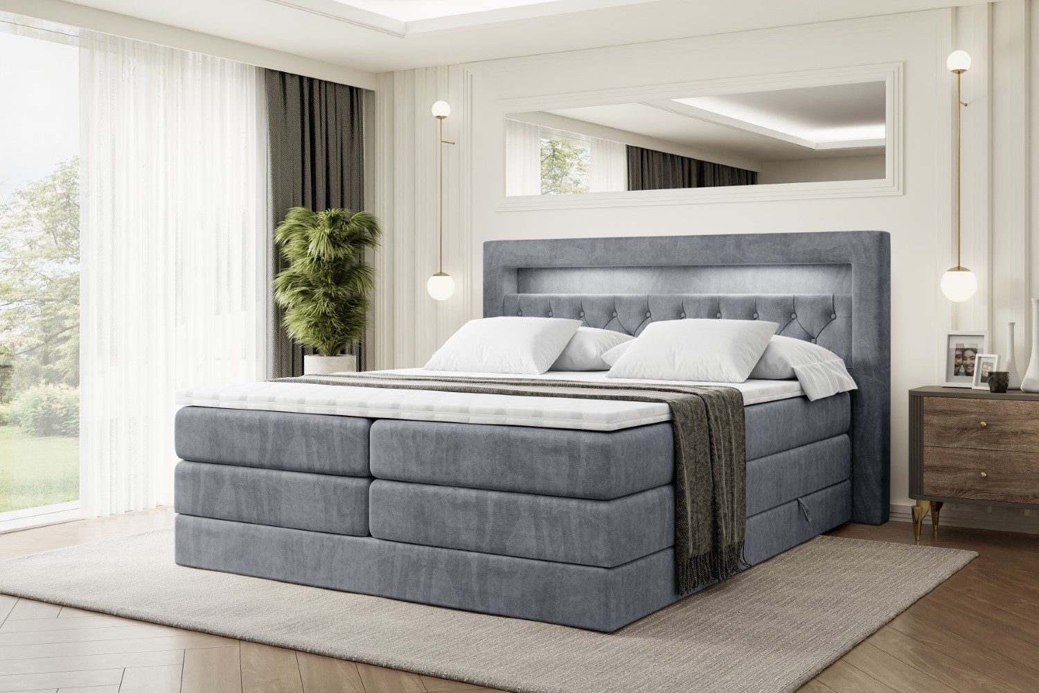 ALTDECOR Boxspringbett NOEL GOLD KING (mit Matratze und Lattenrost Topper Polsterbett mit Bettkasten Boxbett), H4 Multipocket, H3 Bonellfederung, Doppelbett Springboxbett