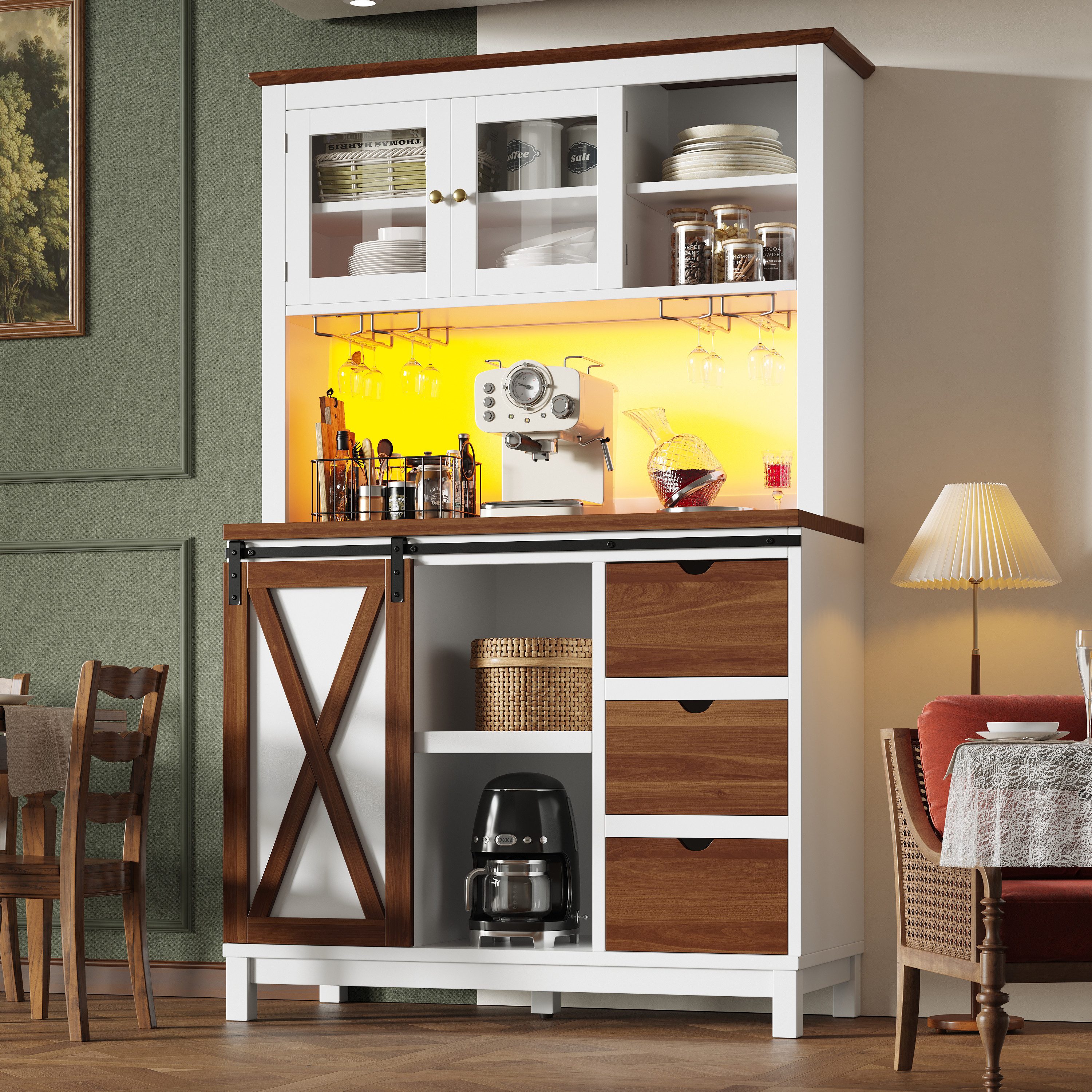 Odikalo Küchenbuffet Küchenschrank Buffetschrank mit LED & Schubladen (mit LED Beleuchtung & App-Steuerung, Küchenschrank oder Esszimmerschrank mit Schublade, Sideboard mit Schiebetür und drei Schubladen)