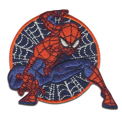 MARVEL Aufnäher Bügelbild, Aufbügler, Applikationen, Patches, Flicken, zum aufbügeln, Polyester, Spiderman Comic Netz sitzt - Größe: 6,3 x 6,5 cm