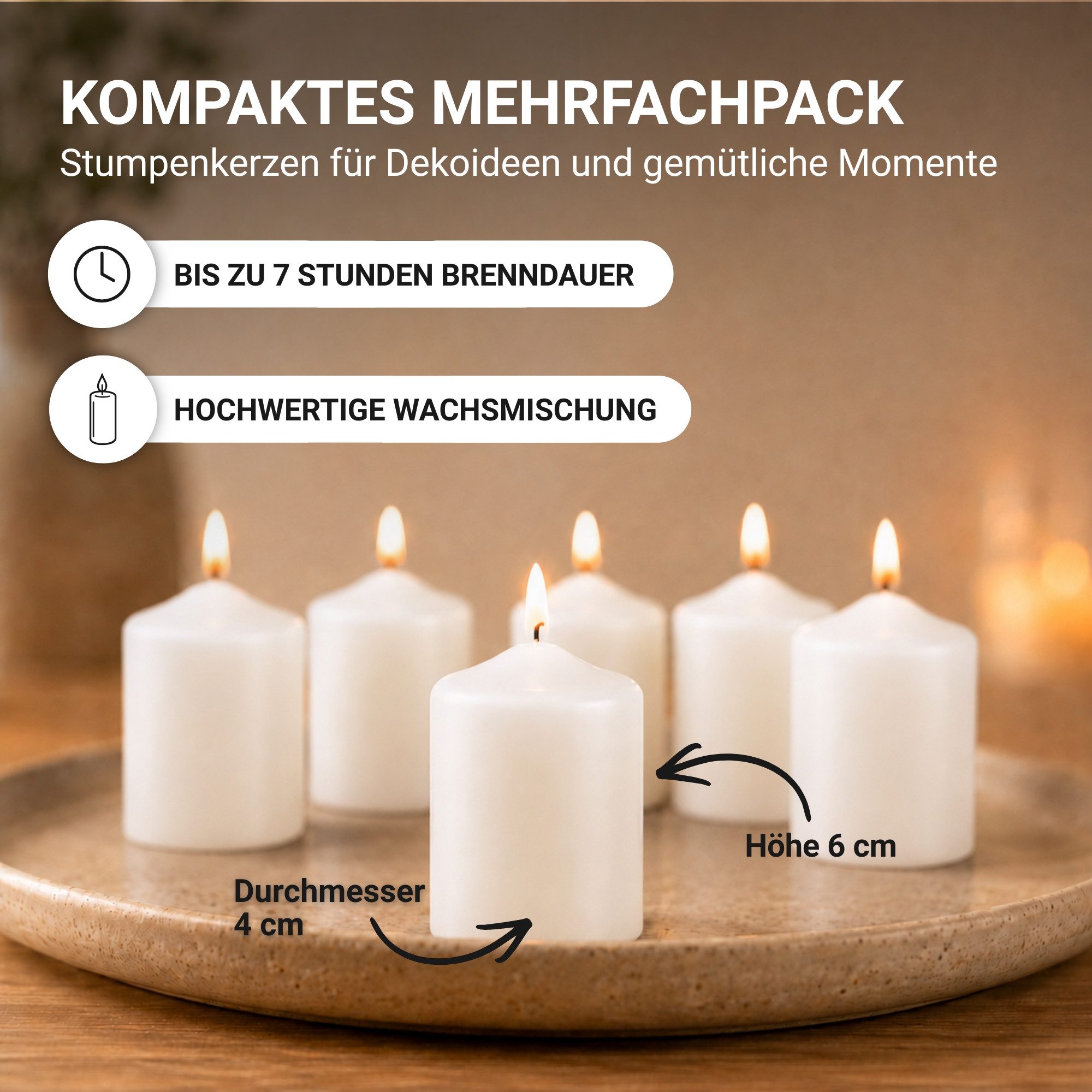 HS Candle Stumpenkerze Set kompakt und unparfümiert, Ø4cm x H6 cm (12-tlg., Dekolicht), bis zu 7h Brenndauer je Kerze, Wachsmischung, Made in EU – Bild 2 von 5