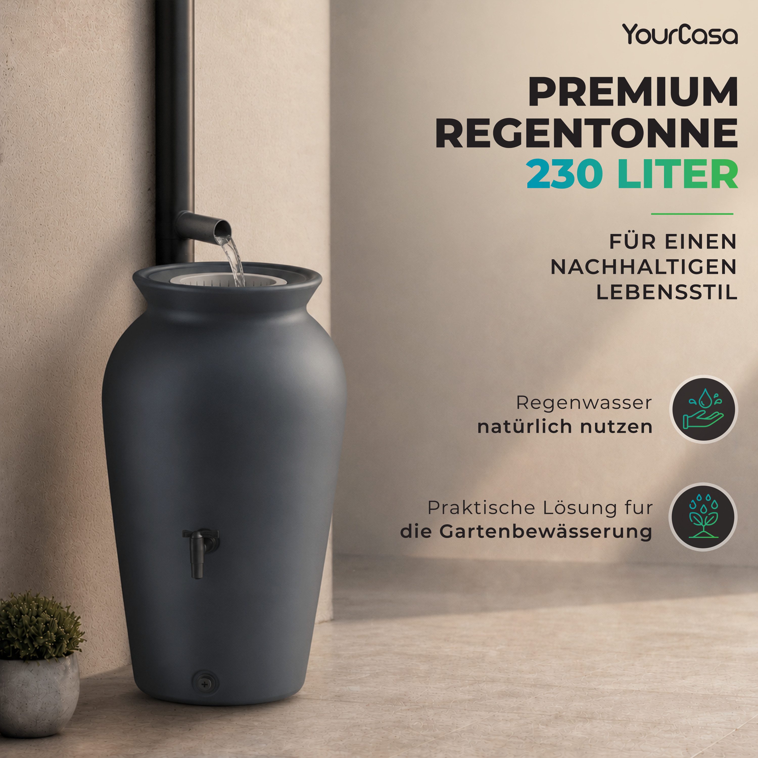 YourCasa Regentonne 120-230 Liter [DropCatcher] mit Filterkorb, 230 l, Frostsicher, Filterkorb, Wasserhahn