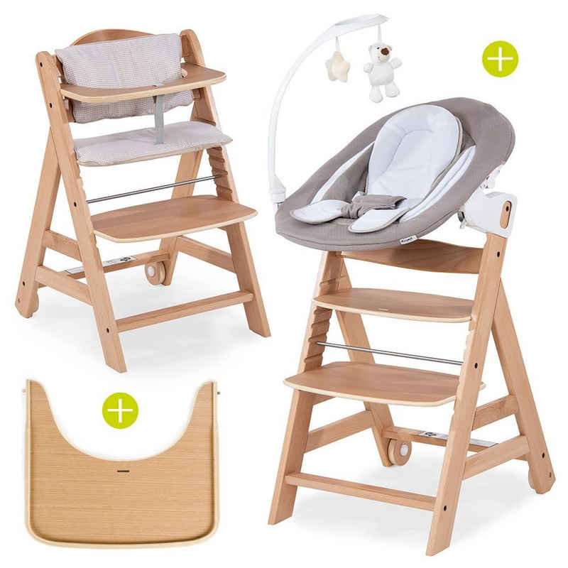 Hauck Hochstuhl »Beta Plus Natur - Newborn Set Deluxe« (Set, 5 St), Holz Babystuhl ab Geburt mit Liegefunktion - inkl. Aufsatz für Neugeborene (Wippe), Sitzauflage, Tisch - mitwachsend, höhenverstellbar