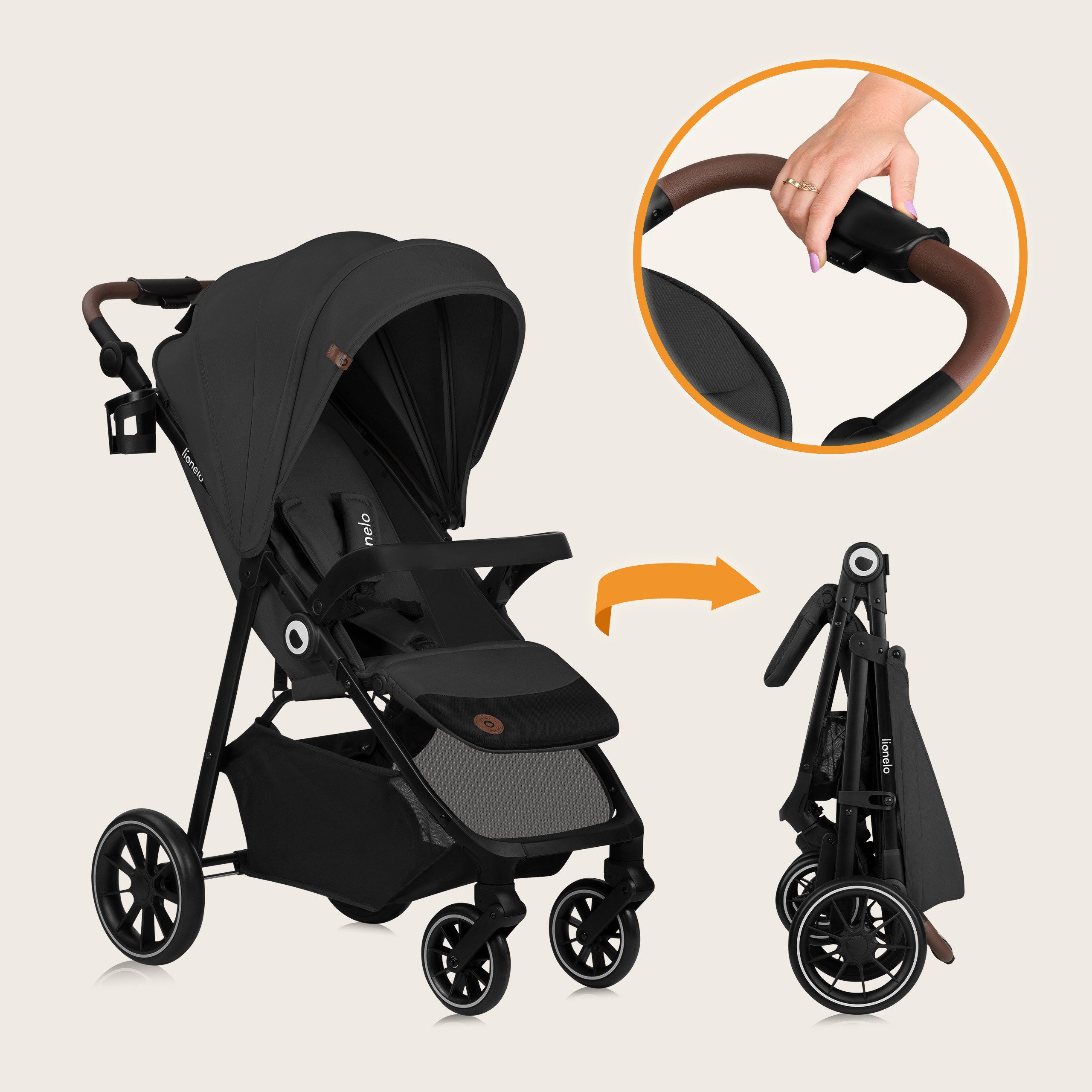 lionelo Kombi-Kinderwagen EMMA ONE, (Set), Wartungsfreie Räder/Einhand-Faltmechanismus/XXL-Verdeck