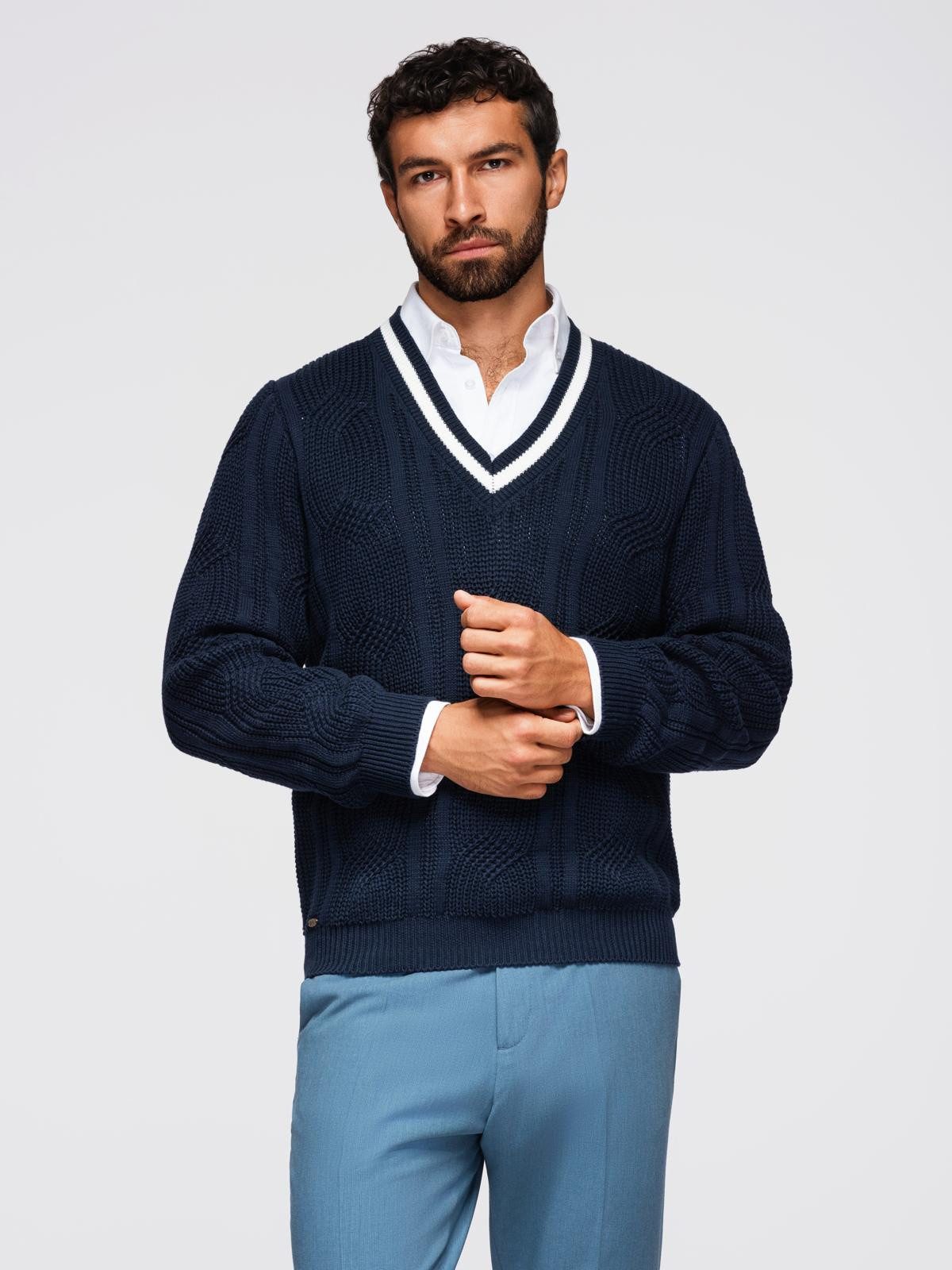 OMBRE V-Ausschnitt-Pullover Herrenpullover mit Zopfmuster und V-Ausschnitt