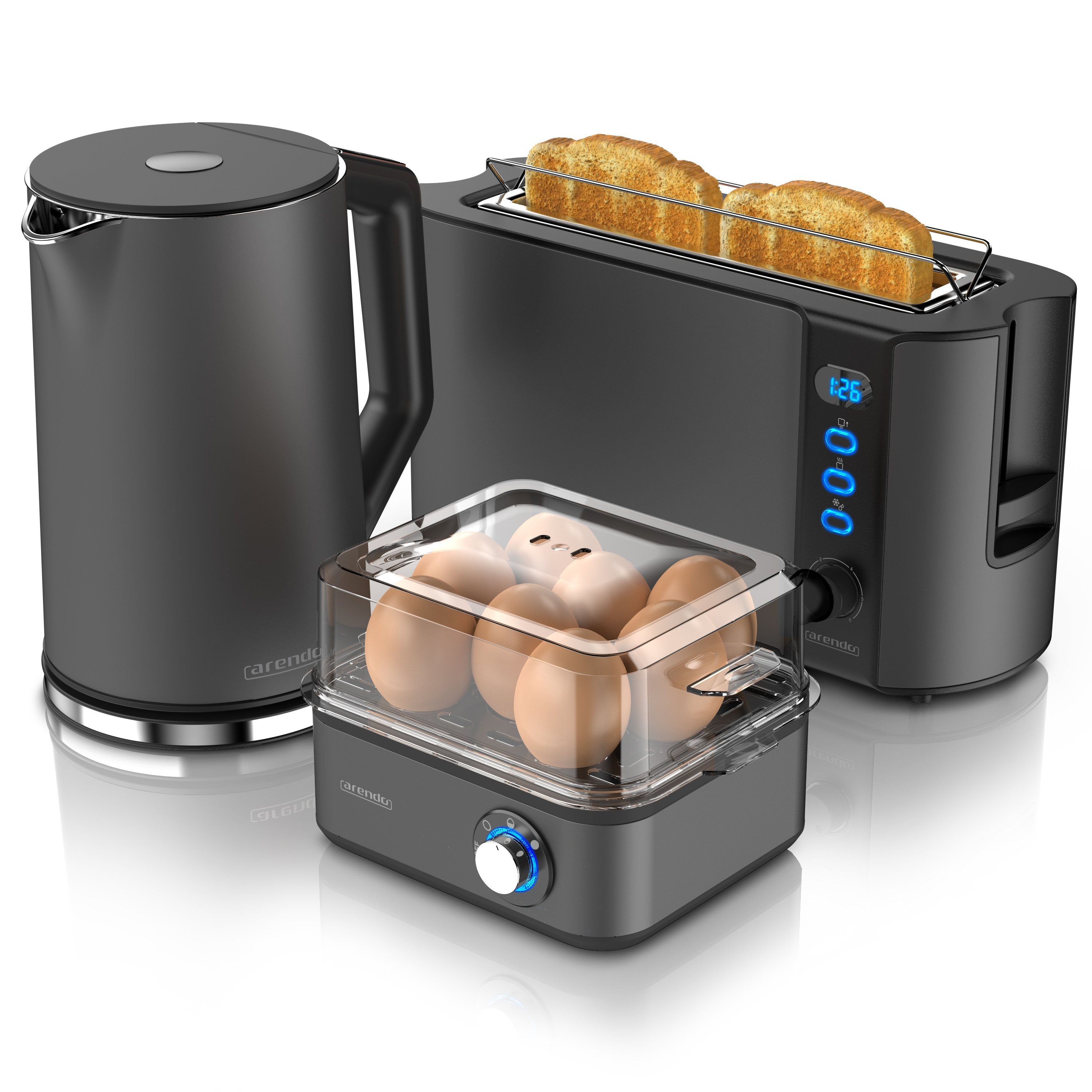 Arendo Frühstücks-Set (3-tlg), Wasserkocher 1,5l / Toaster / Eierkocher, Edelstahl, Grau