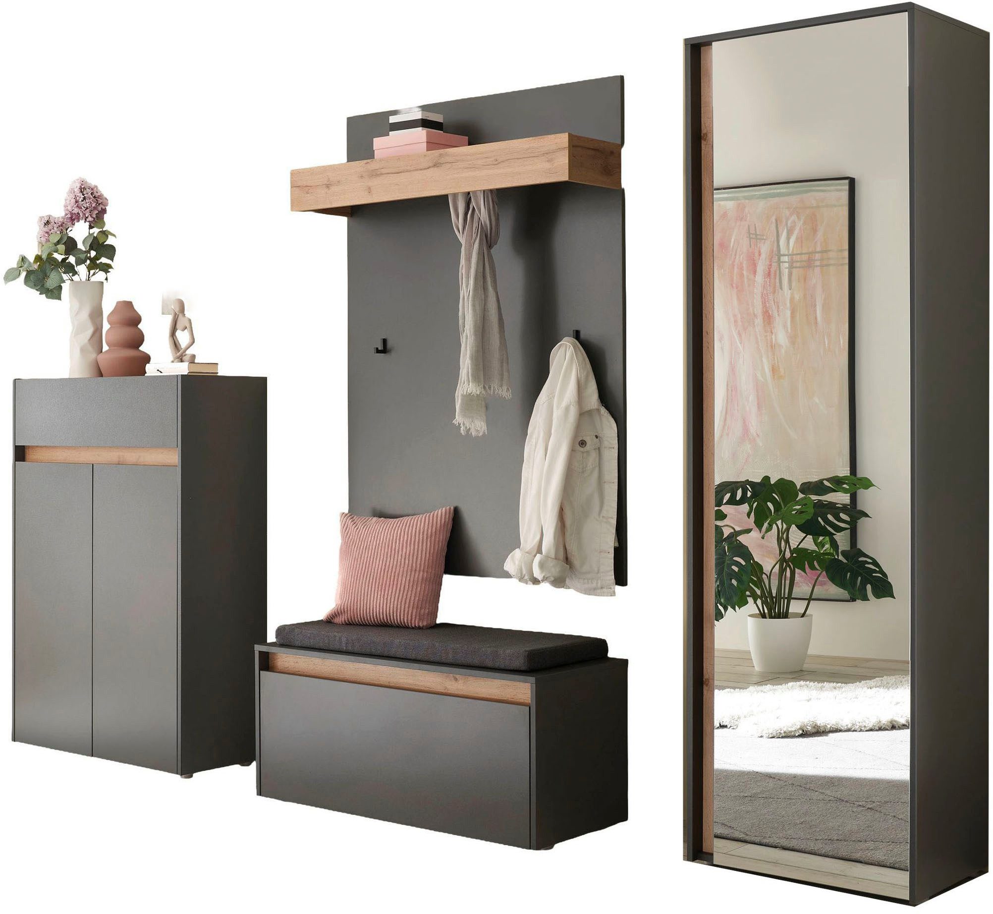 INOSIGN Garderoben-Set City/Giron, moderne Garderobe, viel Stauraum, ca. 24 Schuhe, (Set, 4-St), enthält Schrank, Paneel, Schuhschrank & Garderobenbank mit Sitzkissen