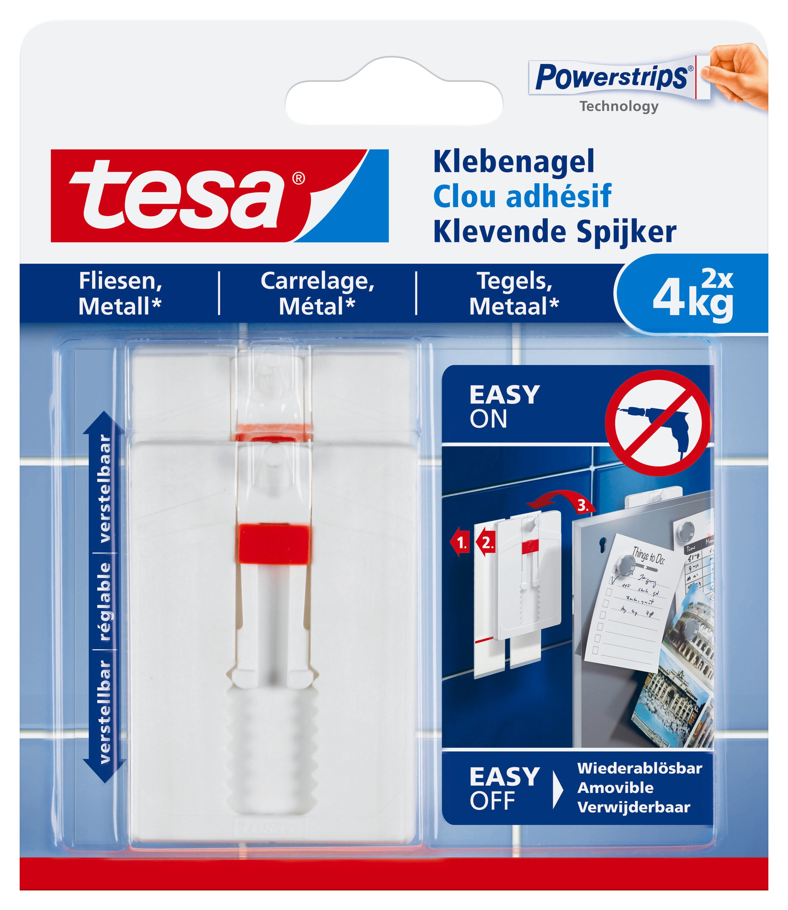 tesa Klebehaken 2x tesa Klebenagel Fliesen&Metall, 2er Set, 2 kg Haltekraft, Dekoration, Bilder, Leinwände, Lichterketten, Girlanden, (Packung, 2-St., 2 Stück), Klebenägel mit max. 2 kg Haltekraft - Tapete & Putz - 2er Pack