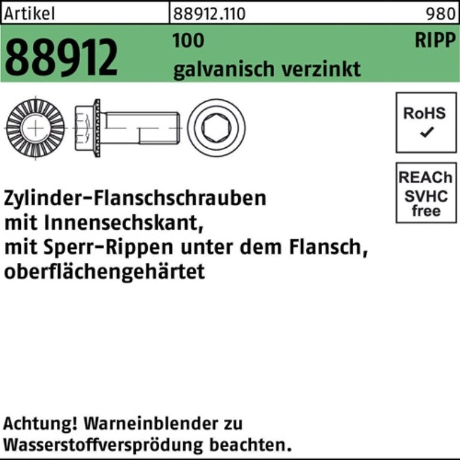 Reyher Schraube 200er Pack Zylinderflanschschraube Innen-6kt Sperr-Ripp 88912 M8x25 R