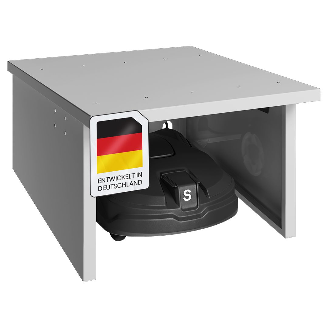 STEELSØN Mähroboter-Garage Drakon, 90 x 76 x 53.5/42.5 cm (LxBxH), wetterfest, aufklappbares Pultdach silberfarben