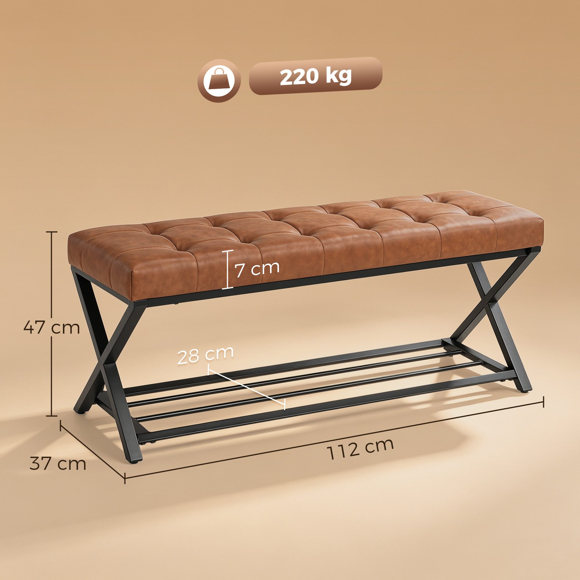HOMCOM Schuhbank Sitzfläche, Schuhregal mit Stauraum, Kunstleder, bis 220kg (Industrielle Sitzbank, 1-St., inkl. Sitzkissen), für Flur Eingangsbereich, 112x37x47cm, Braun