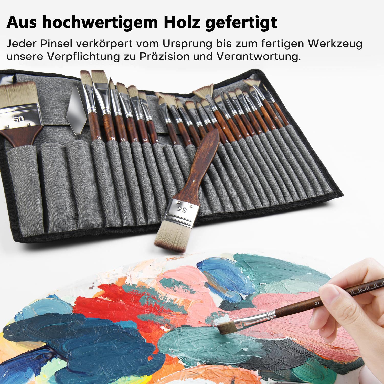 FOUORTUNATE-BEE Malpinsel 25 Stück Pinselset Acrylfarben mit Organisationstasche und Spachte, für Acryl, Aquarell, Öl, Gouache, Steinmalerei – Bild 4 von 5