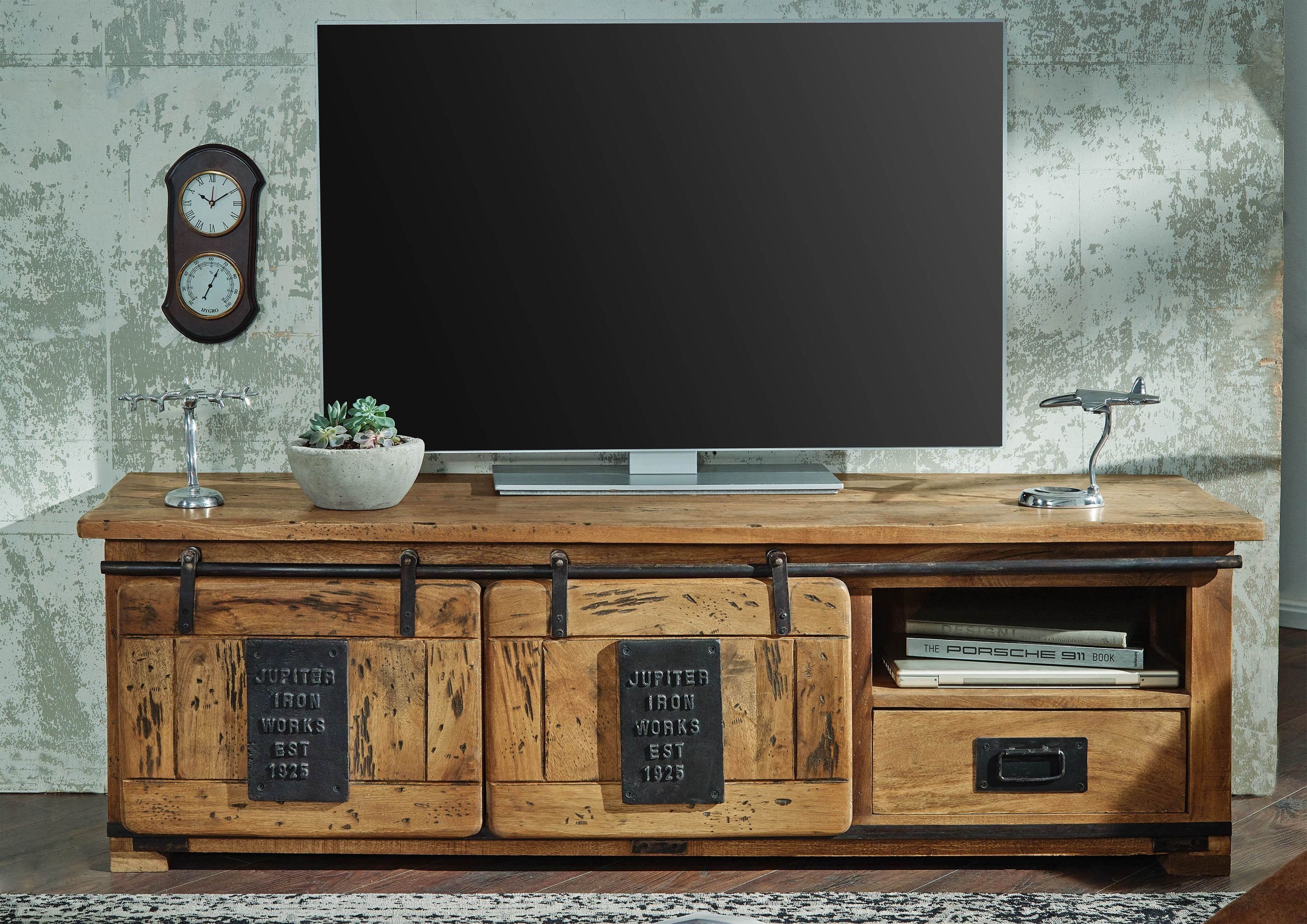 Massivmoebel24 TV-Board RAILWAY (Massivholz), Mango 160x45x50 natur lackiert RAILWAY #101