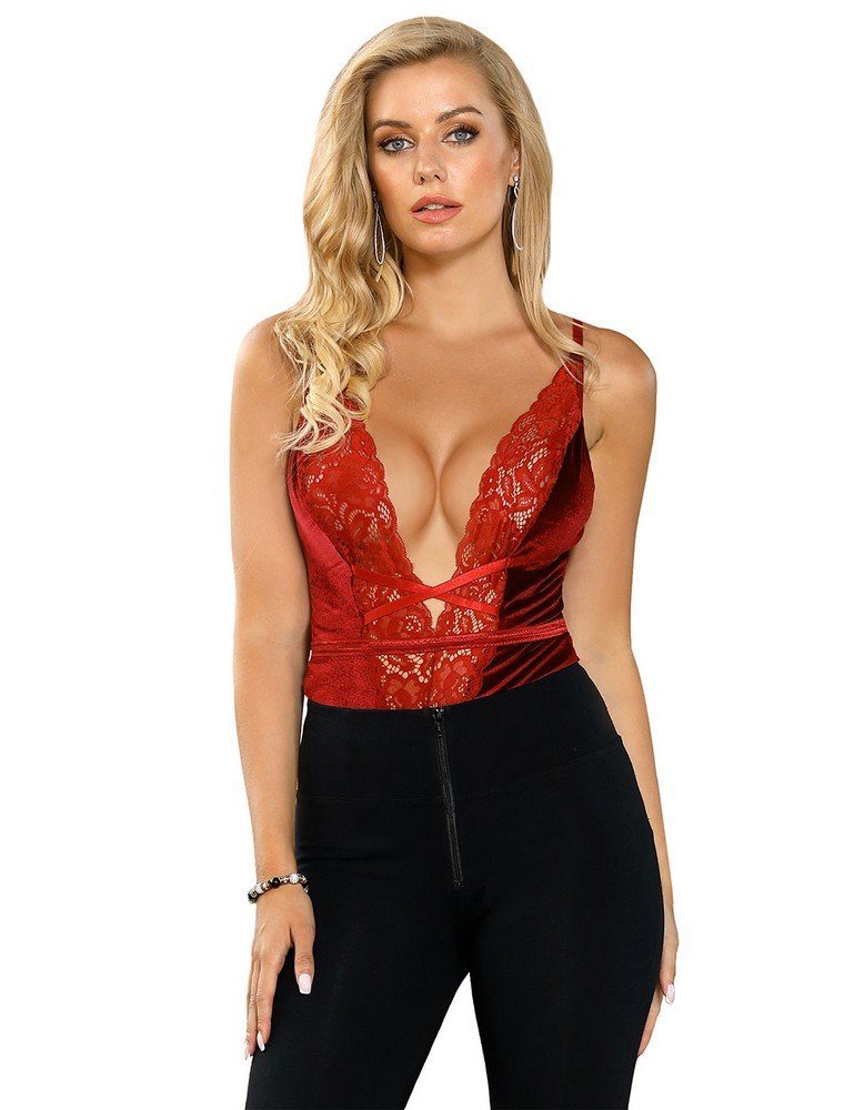 Lau-Fashion Body Bodysuits Strumpfhalter Ärmellos V-Ausschnitt Samt Reizwäsche S/M