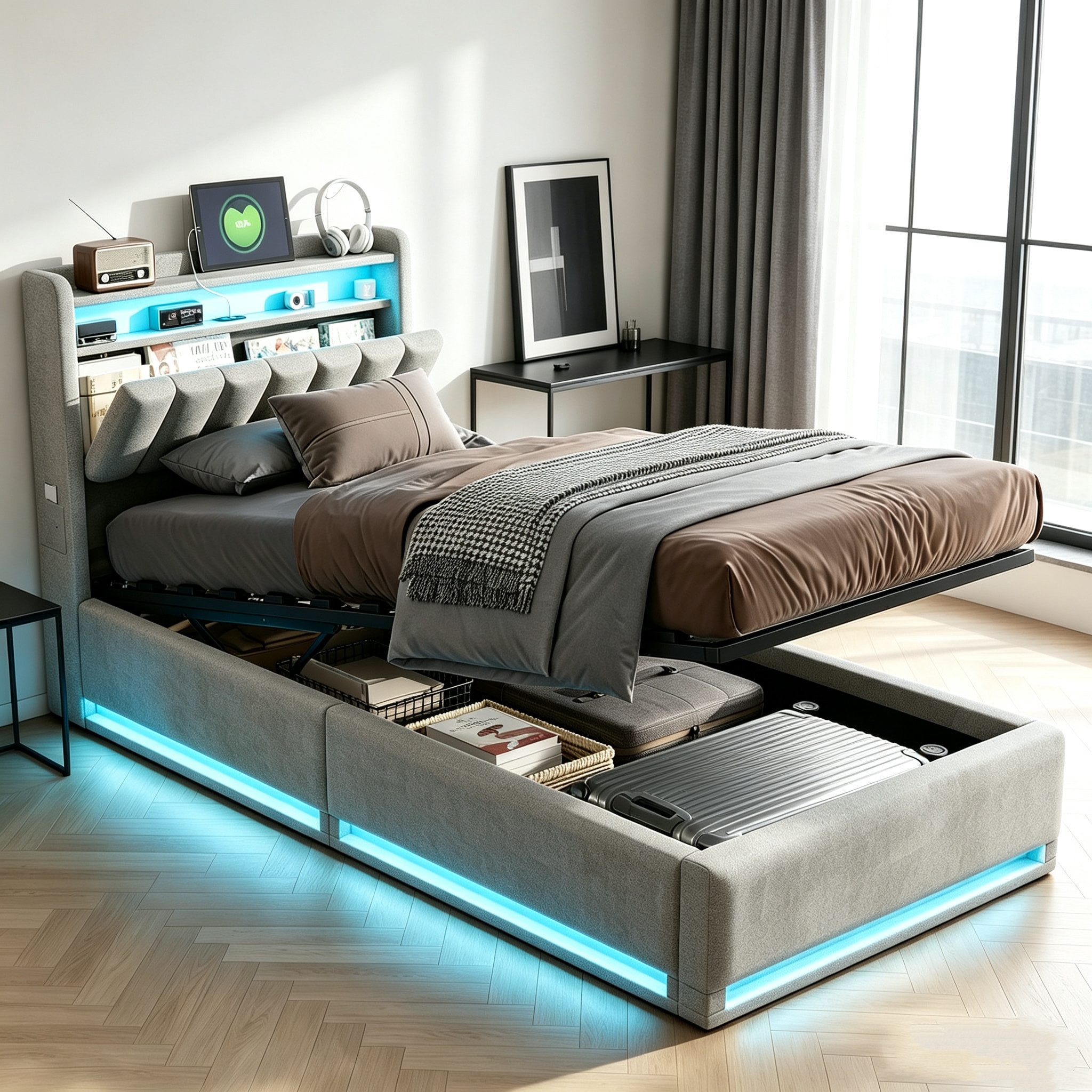 Simurq Polsterbett Samtbett mit Bettkasten 90x200, Einzelbett, Jugendbett, Luxuriöses Samtbett mit Stauraum, Mit Lattenrost, USB Port & LED