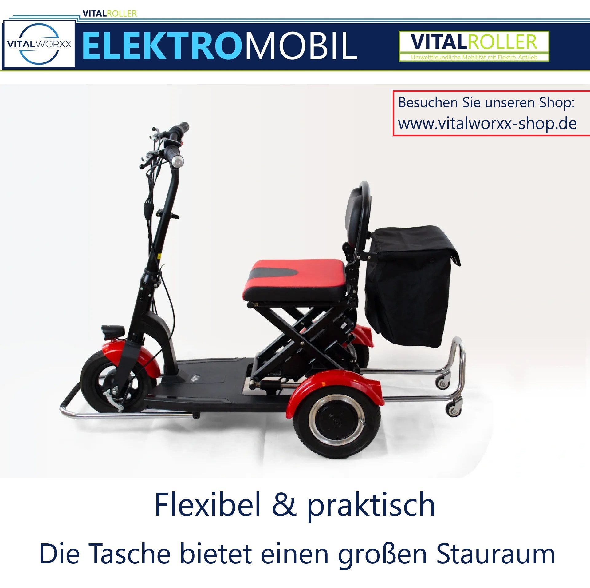 VITALWORXX Elektromobil VITALROLLER 6 km/h - Faltbar - leicht & kompakt - Reichweite bis 40 km, Faltbar, kompakt, leichte Bedienung, Rückwärtsgang