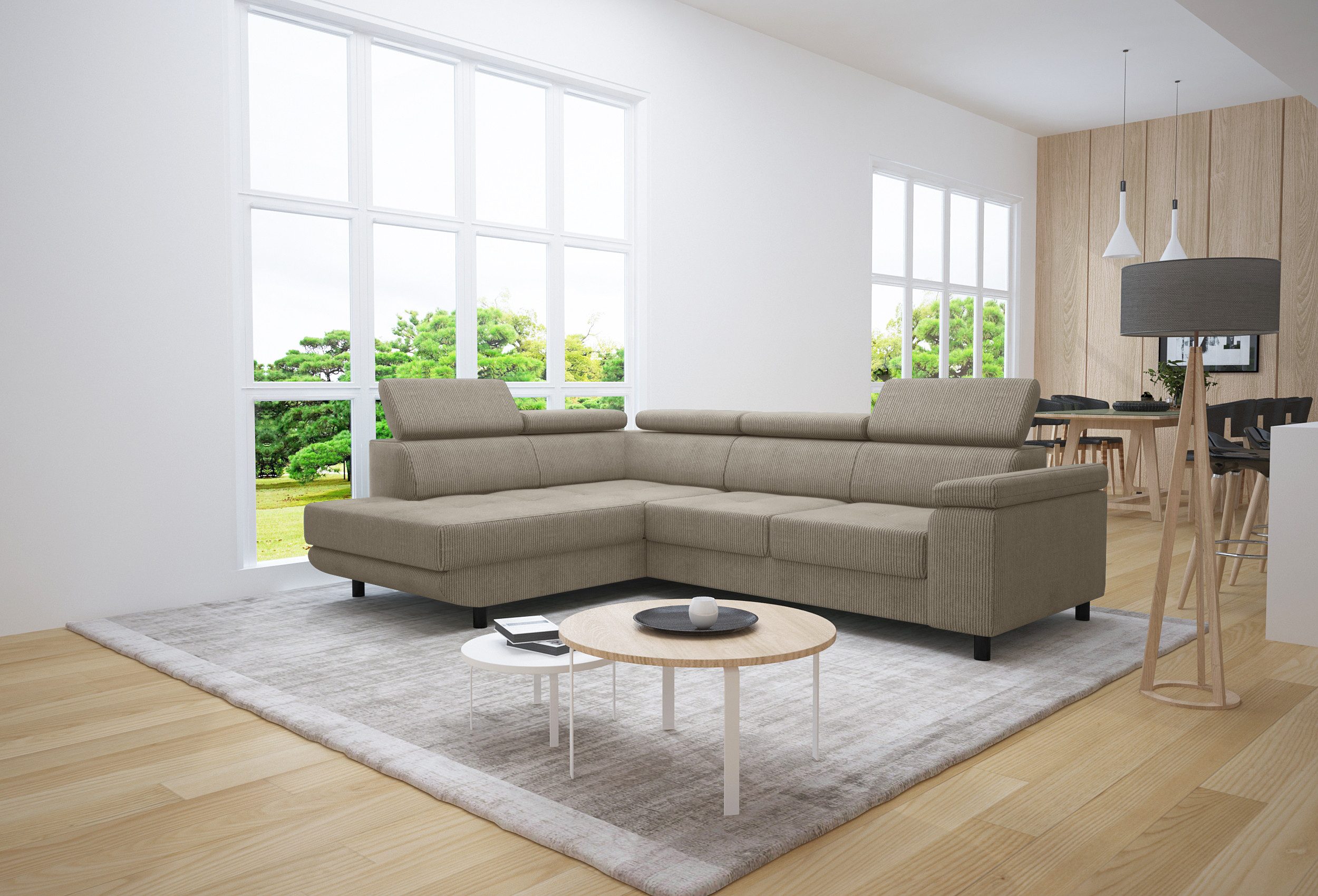 thematys Ecksofa LUNA L mit Schlaffunktion & Bettkasten – aus Velours oder Cord Stoff, mit 5 verstellbaren Kopfstützen, – L-Form 250×183 cm – Schlafsofa mit Auszug