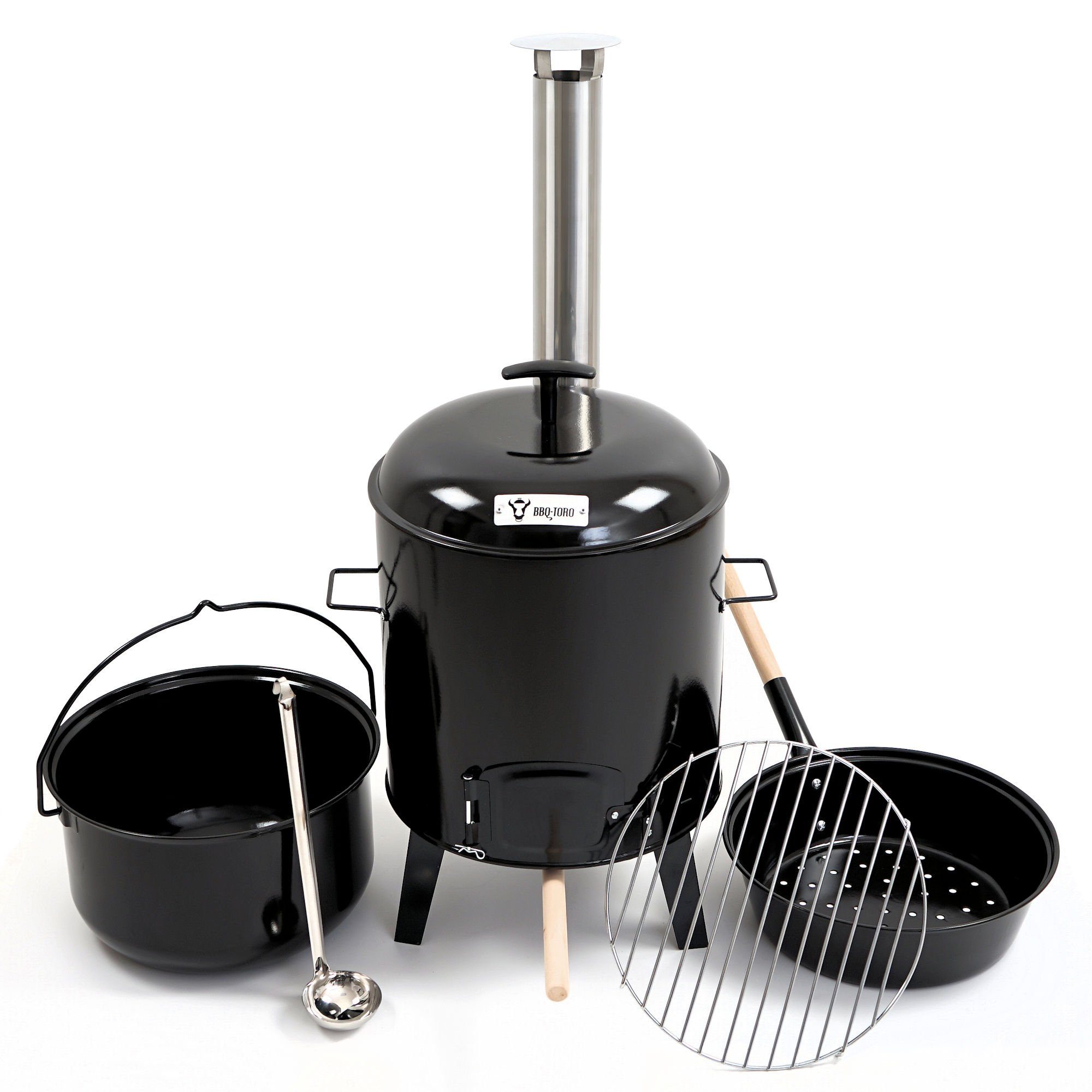 BBQ-Toro Holzkohlegrill emaillierte Gulaschkanone mit Deckel, Kessel 17L und Pfanne