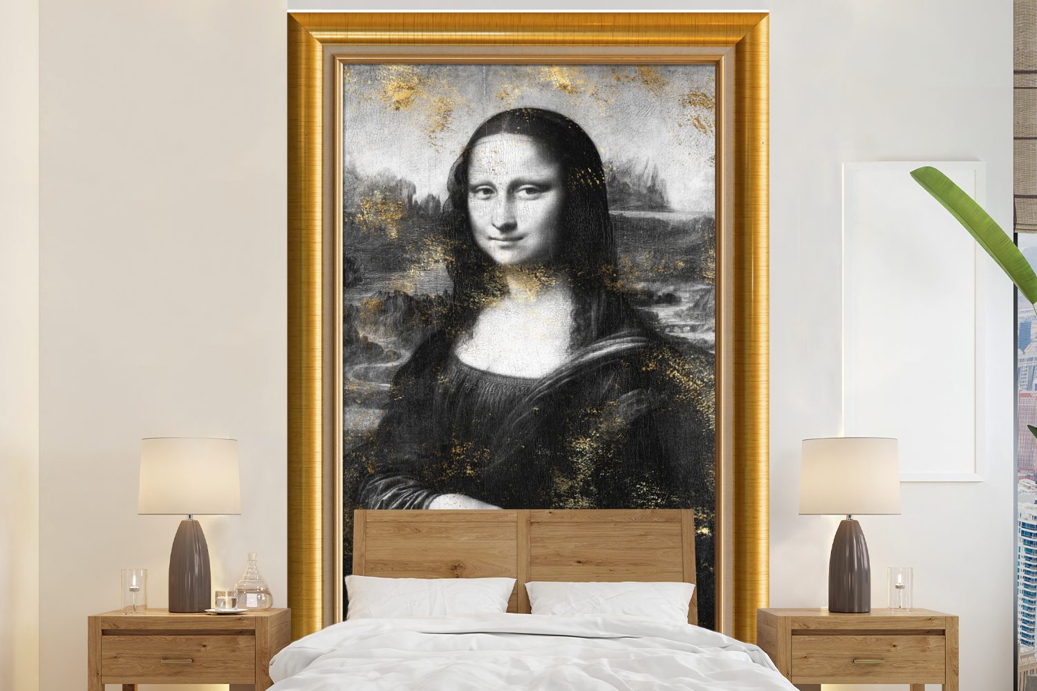 MuchoWow Fototapete Mona Lisa - Da Vinci - Gold - Rahmen, Matt, bedruckt, (3 St), Montagefertig Vinyl Tapete für Wohnzimmer, Wandtapete