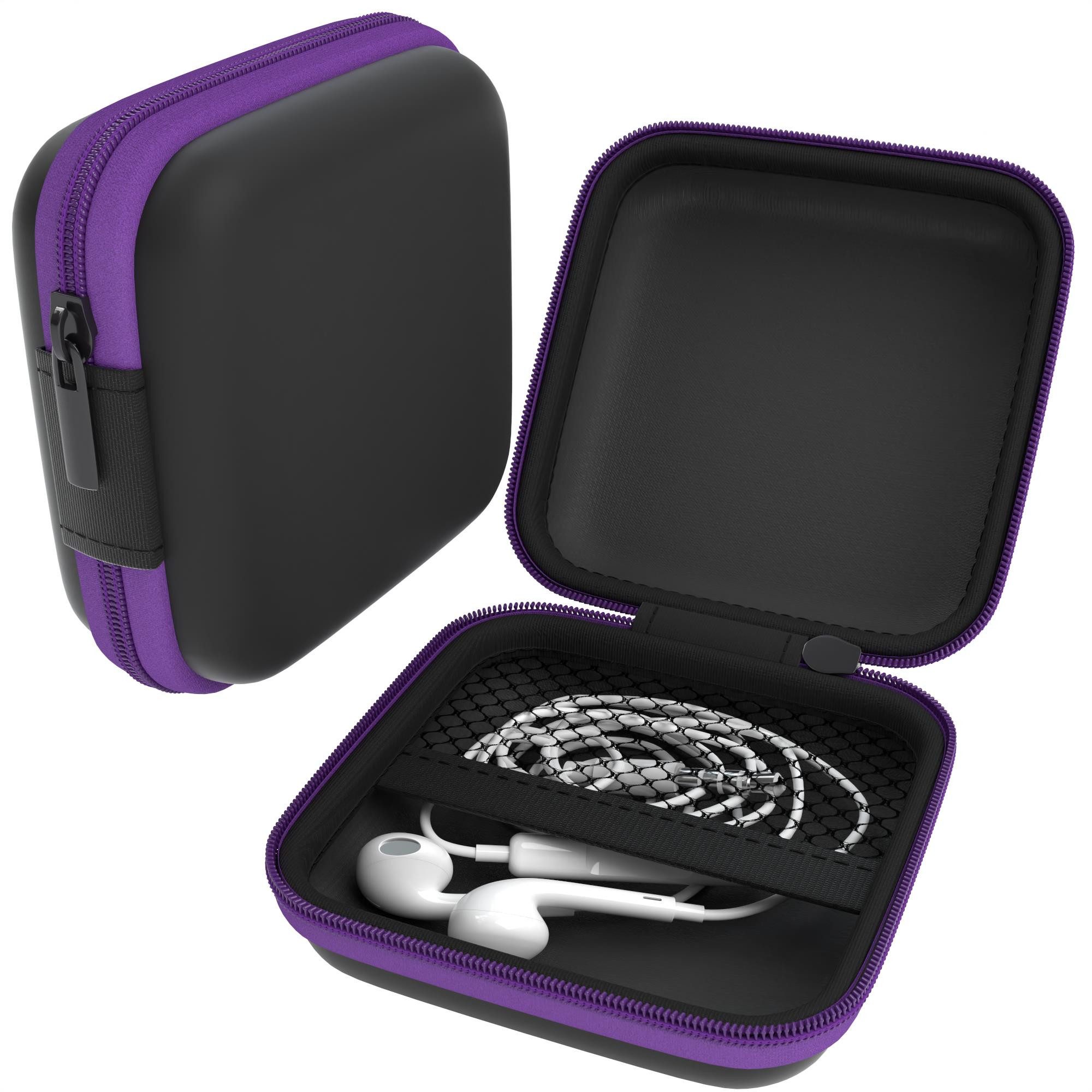 EAZY CASE Kopfhörer-Schutzhülle Universal Tasche für In-Ear Kopfhörer mit Netzfach, Box Kratzschutz Kopfhörer Reißverschluss und Netzfach klein eckig Lila