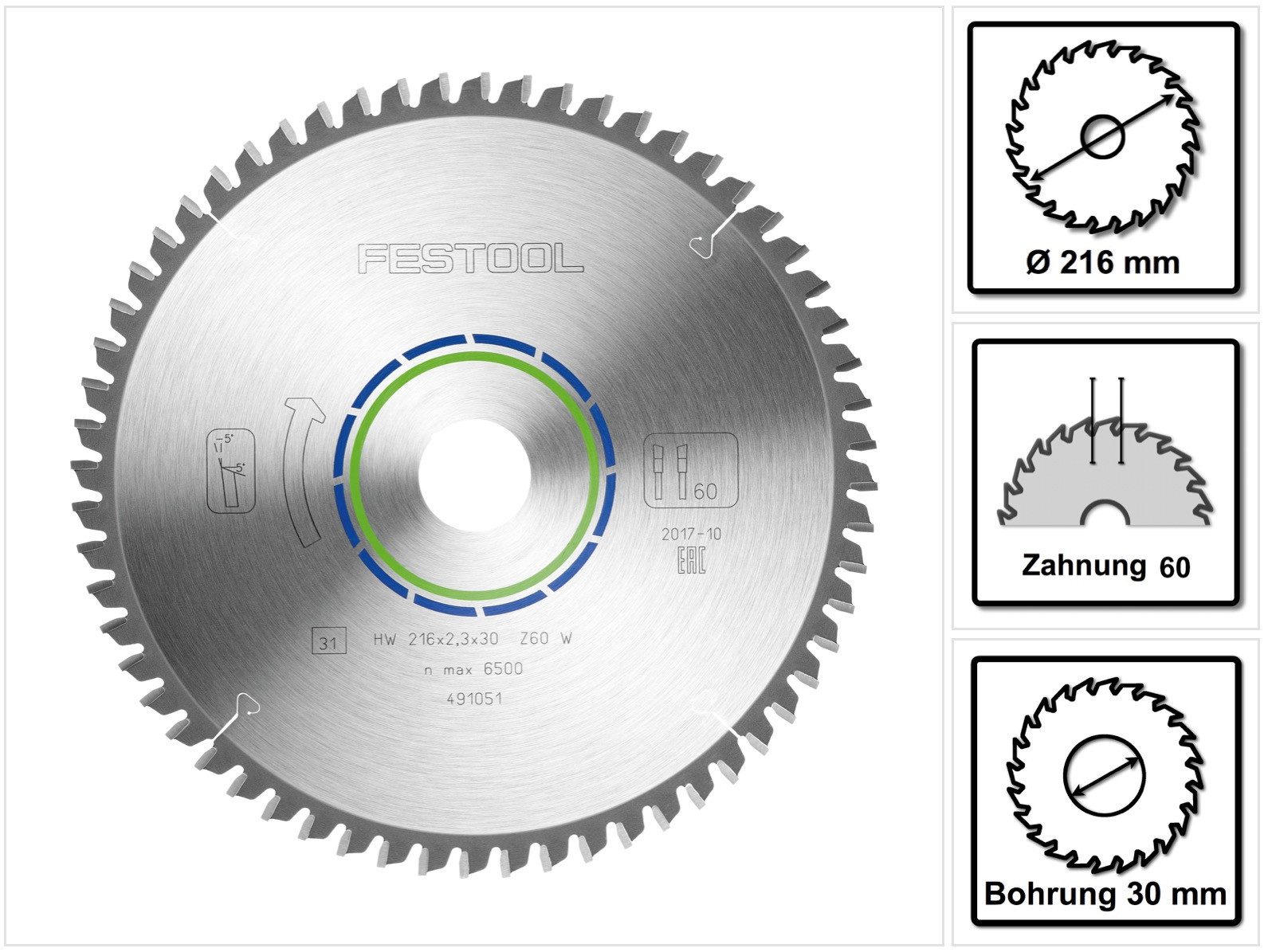 FESTOOL Kreissägeblatt Spezial Kreissägeblatt HW 216 x 30 x 2,3 mm W60 (491051) 216 mm 60