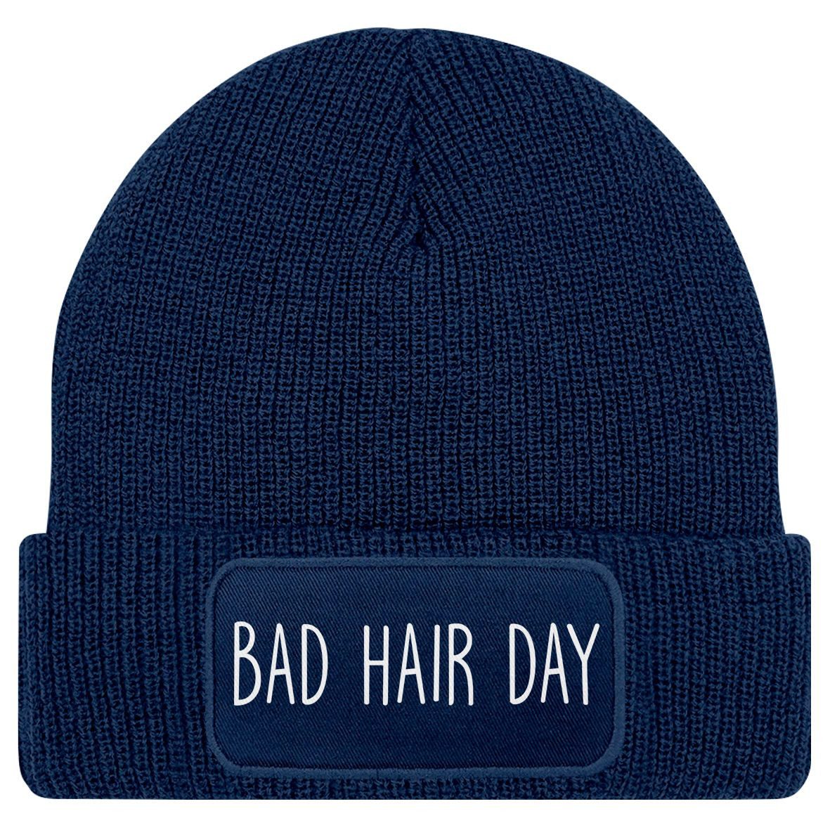 MoonWorks Strickmütze Damen Beanie mit Patch Bad Hair Day Haare Strickmütze mit Spruch