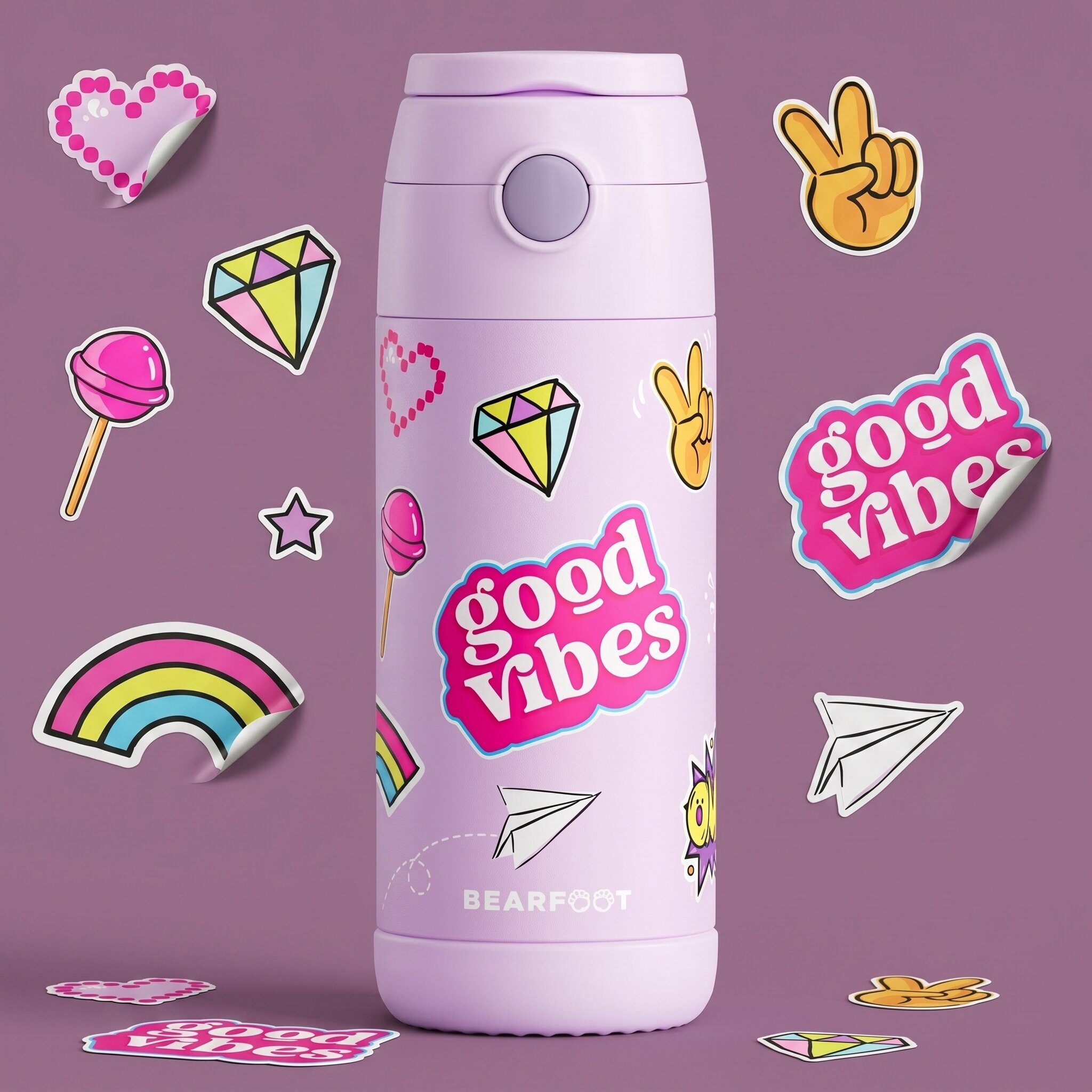 BEARFOOT Trinkflasche Thermo Kinder Trinkflasche Edelstahl - Sticker lila, Thermosflasche, auslaufsicher, Edelstahl, Kinderflasche, BPA-frei – Bild 2 von 5