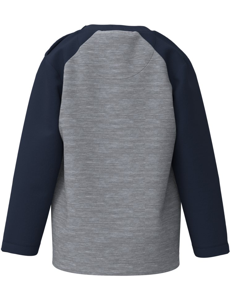 Bobo Siebenschläfer Langarmshirt grau melange/blau Raglan, kontrastfarbige  Ärmel, 100 % Bio-Baumwolle, bedruckt, unisex
