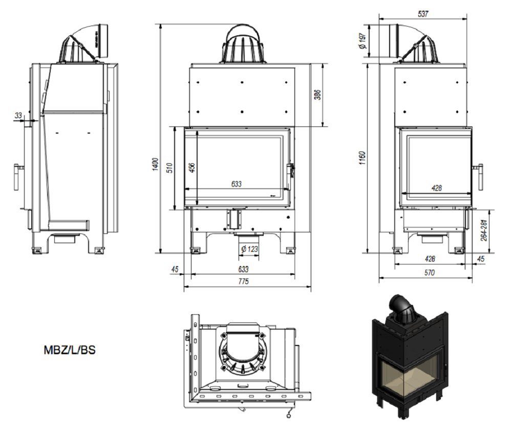 Seitenglas Kratki 13 kW links, MBZ 13,00 Kaminofen Eck-Kamineinsatz