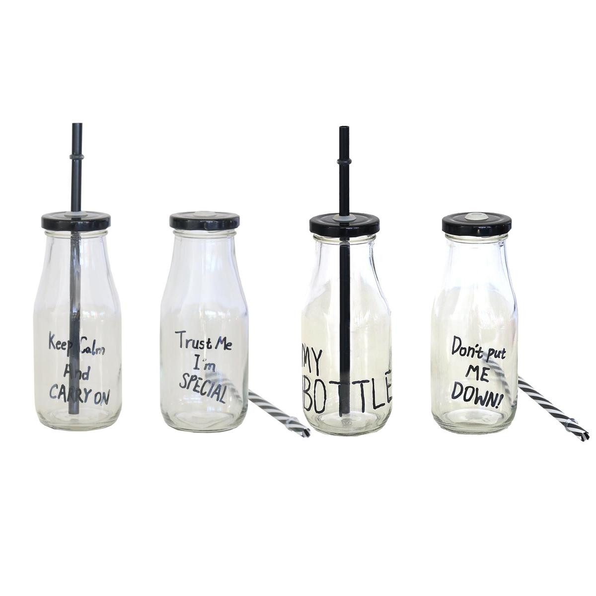 Z-One Trinkflasche 440s Glas Trinkflaschen 4er Set mit Verschluß und Trinkhalm – Bild 2 von 4