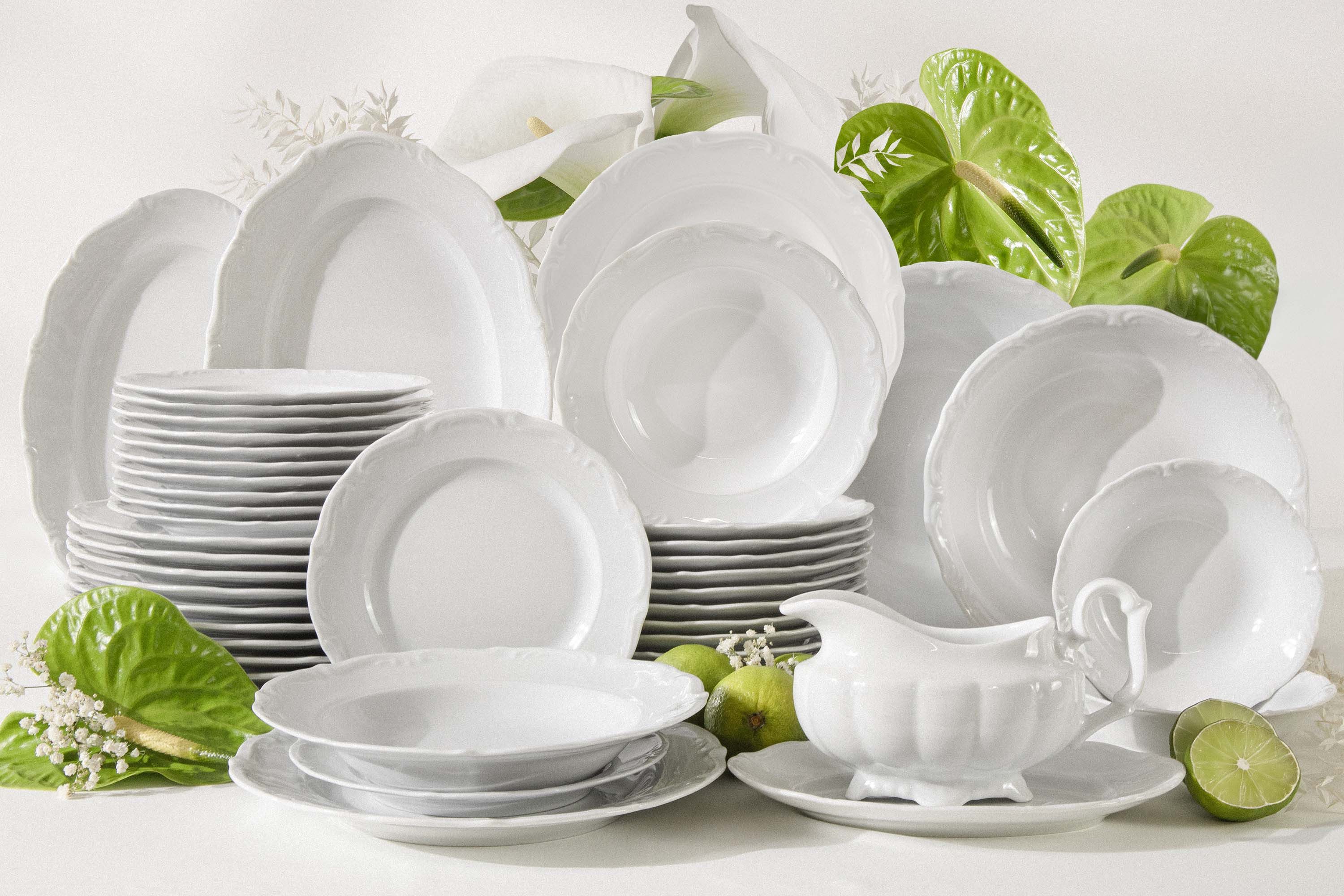 KONSIMO® Kombiservice CHODZIEZ MARIA TERESA Geschirrset, Hochwertiges Premium-Porzellan (44-tlg), 12 Personen, Porzellan, mit eleganten Verzierungen, handgefertigt