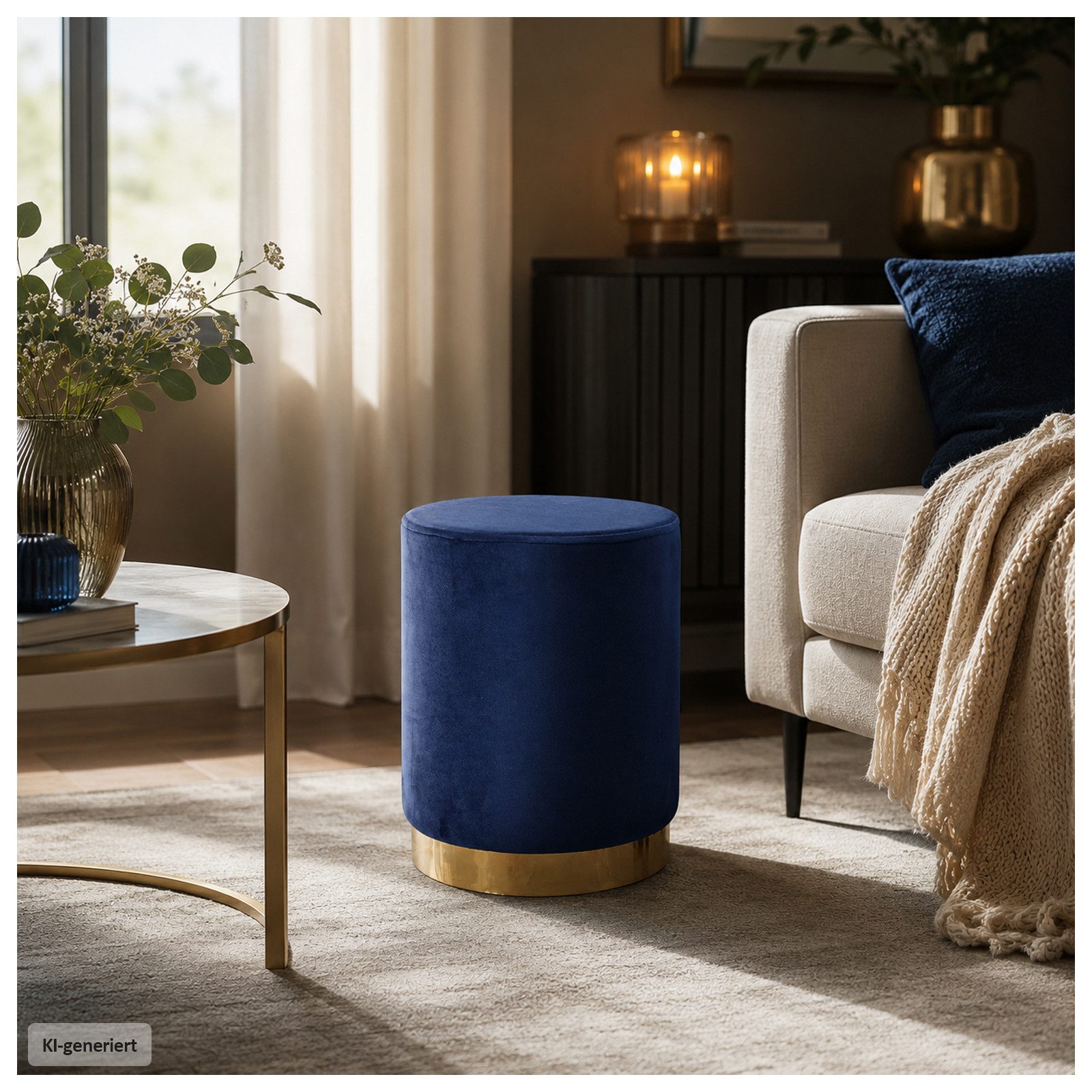 HTI-Living Polsterhocker Hocker Reese Velvet Blau (1 Stück, 1 St., 1 Hocker), Sitzzylinder mit samtiger Oberfläche und goldenem Sockel