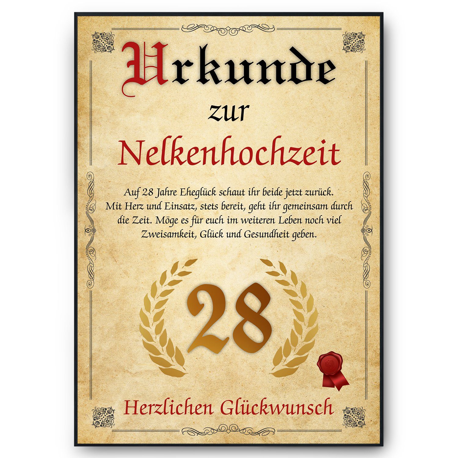 Poster Urkunde zum 28. Hochzeitstag Geschenk 28. Jahrestag Karte Ehepaar