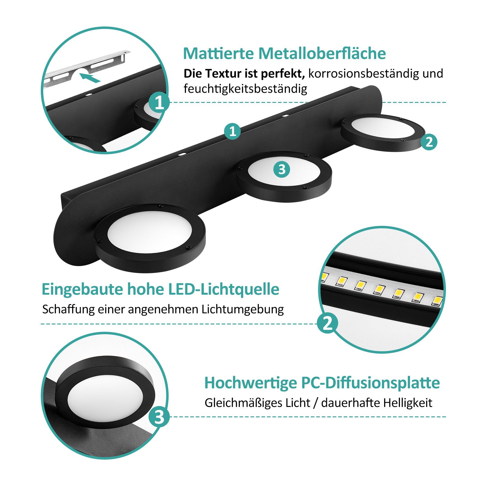 EMKE LED Wandleuchte Spiegelleuchte 3 Schwenkbar flammig 4000K Neutralweiß Licht, LED fest integriert, Neutralweiß, L: 50cm IP20 für Schlafzimmer, Wohnzimmer Schwarz mattiert