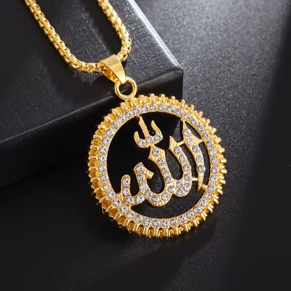 ILOKEN Kette mit Anhänger Damen Halskette Allah – Schmuck mit funkelndem Strass Goldfarbe 60cm (Single, Einzelstück), Allah Anhänger Halskette Damen mit Strass Rund 60 cm