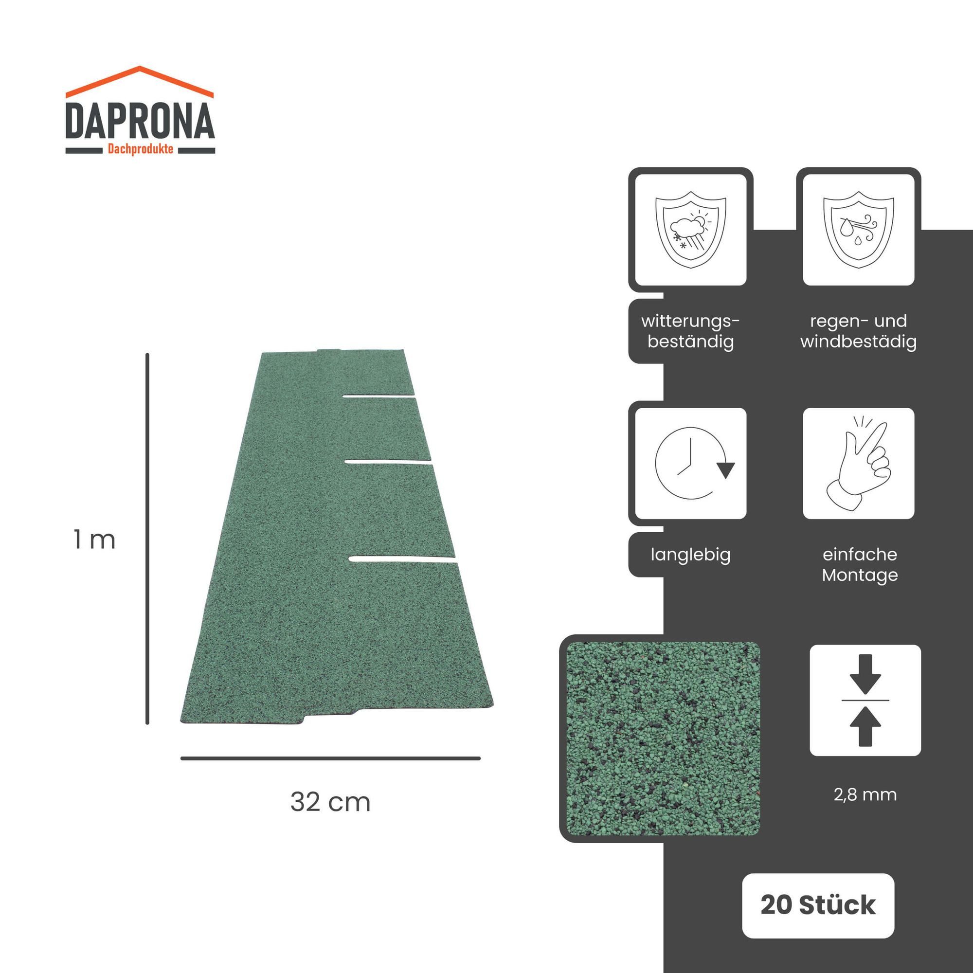 DAPRONA Dachschindeln Dachschindeln Rechteck 1m x 32cm, Grün, (20-St), Bitumenschindeln für Gartenhaus, Carport
