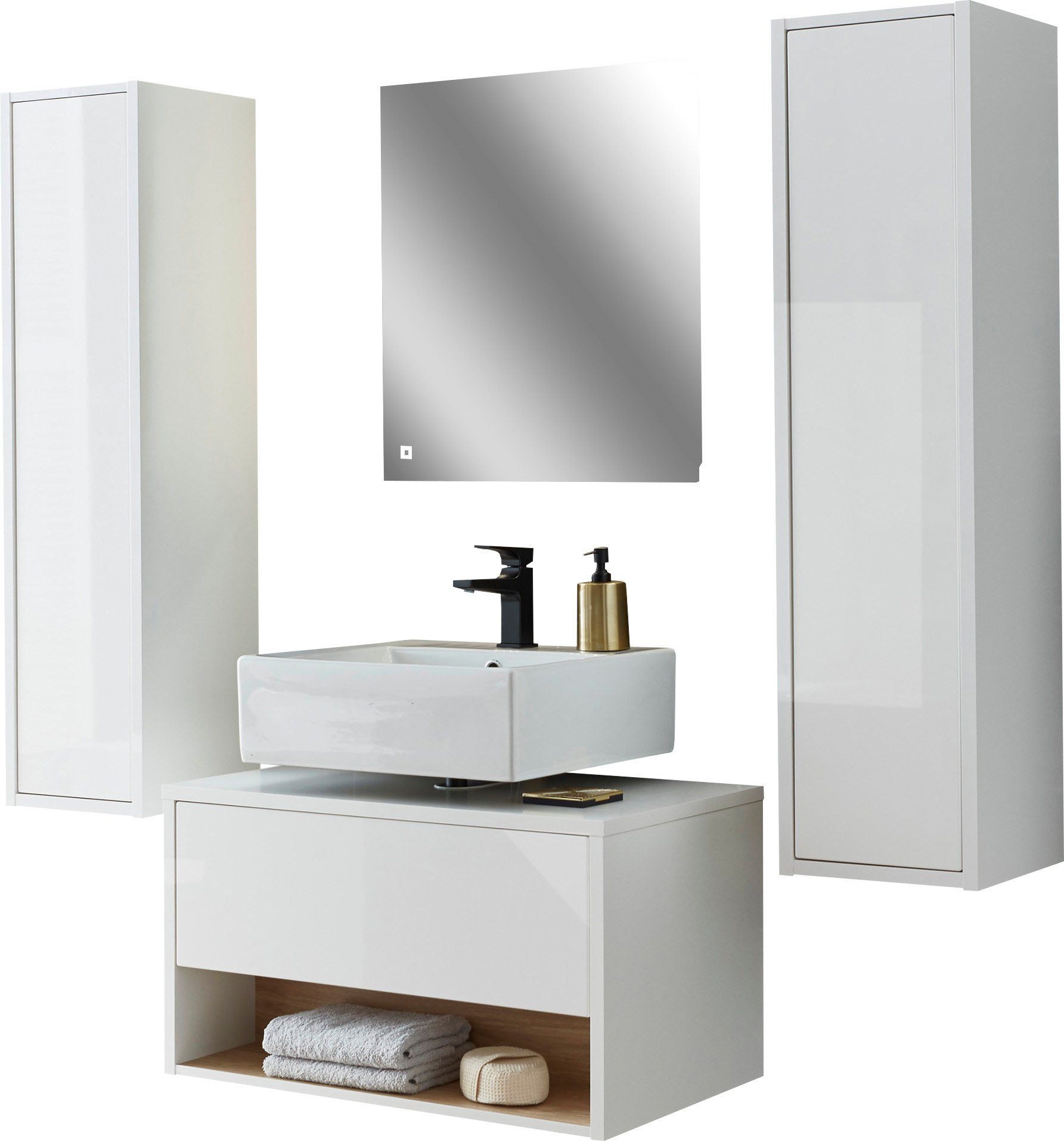 Home affaire Badmöbel-Set Studio Line, Bad im modernen Design, 4-teiliges Badezimmer, (4-St), Schrank, Unterschrank und Spiegel, in zwei Farben verfügbar, Stauraum