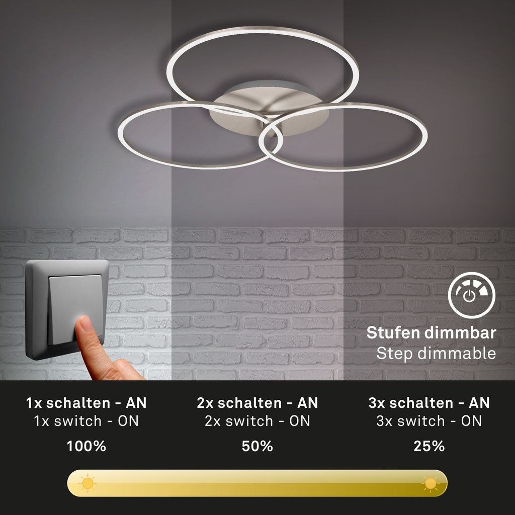 Briloner Leuchten LED Deckenleuchte 3090-012, Dimmfunktion, LED fest integriert, 2700K - Extra-Warmweiß, Deckenlampe, 71,7x67,4x10,3cm, Matt-Nickel, 40W, Wohnzimmer, Flur