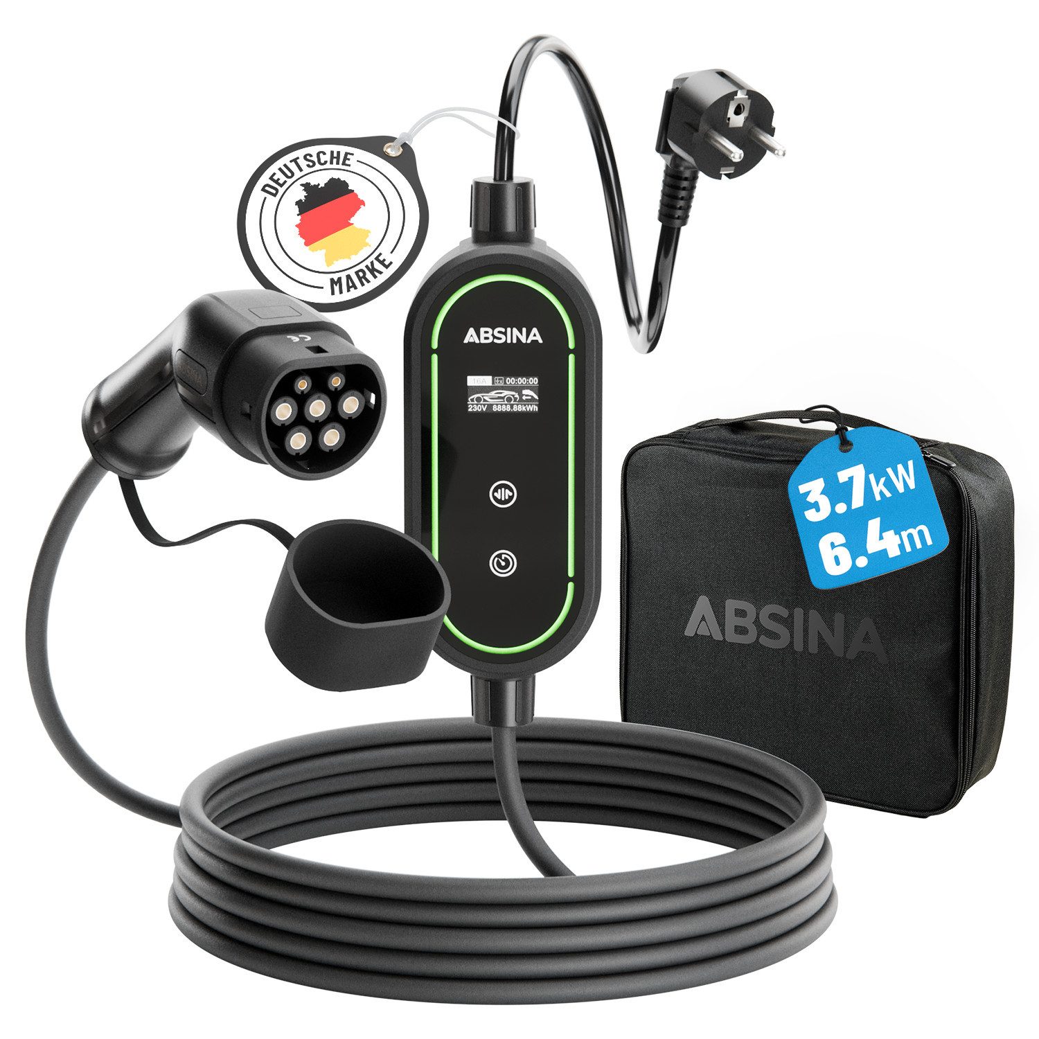 ABSINA Typ 2 Ladekabel Schuko mit einstellbarer Ladeleistung - ICCB 3,7kW 16A Elektroauto-Ladegerät (1-tlg)