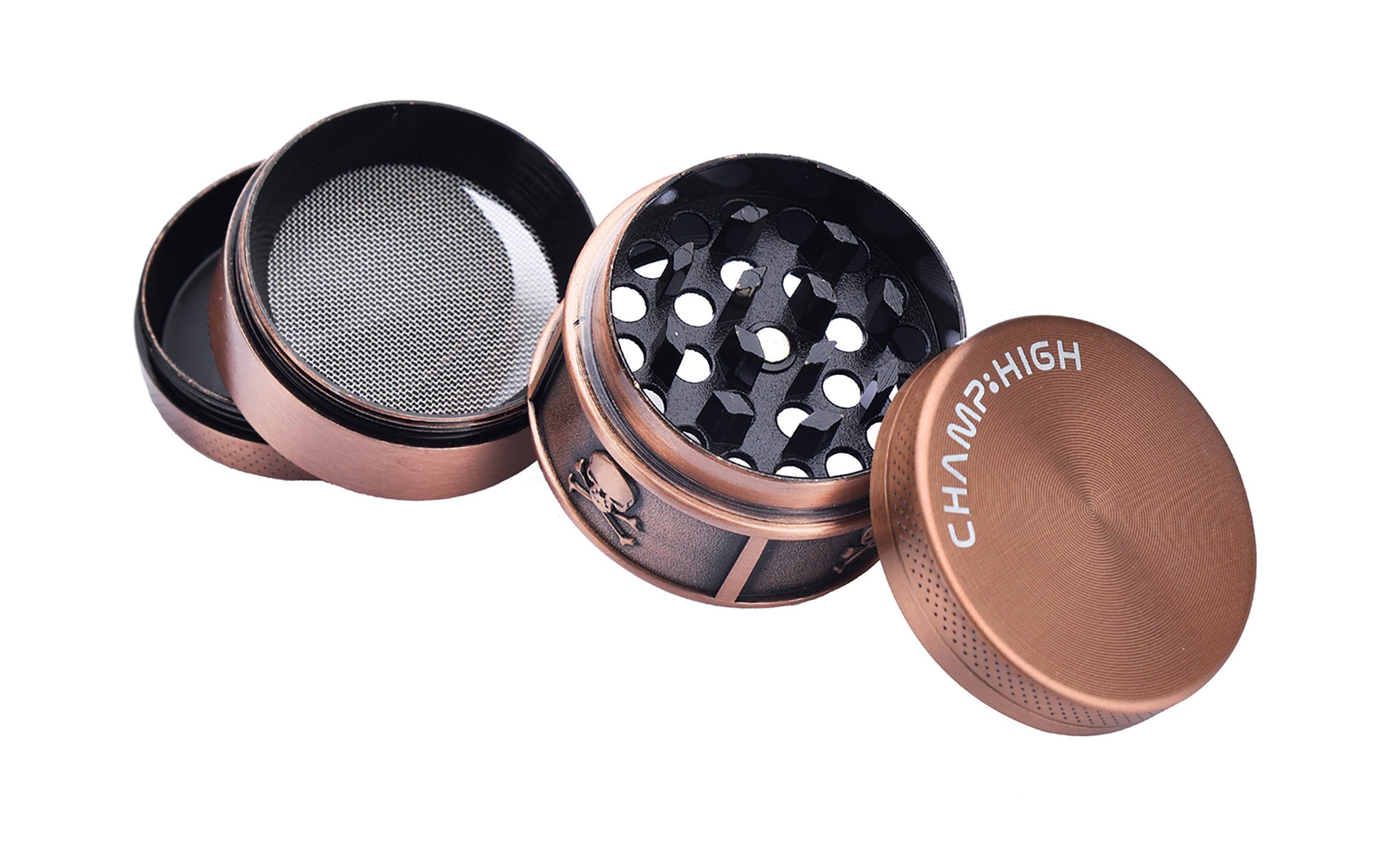 CHAMP HIGH Kräutermühle GRINDER "Totenkopf" 40mm 4-teilig Metall Crusher Sieb 030 (Altgold), Skull Tabak Gewürz Kräuter Mühle Herb