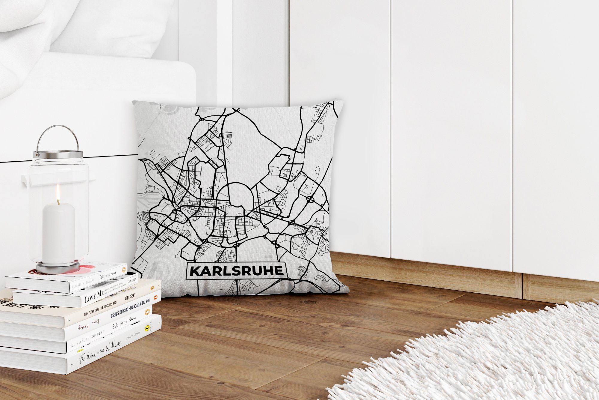 MuchoWow Dekokissen Karte - Wohzimmer, Stadtplan, Sofakissen - Füllung mit - Zierkissen Karlsruhe Deko, Karte für Schlafzimmer