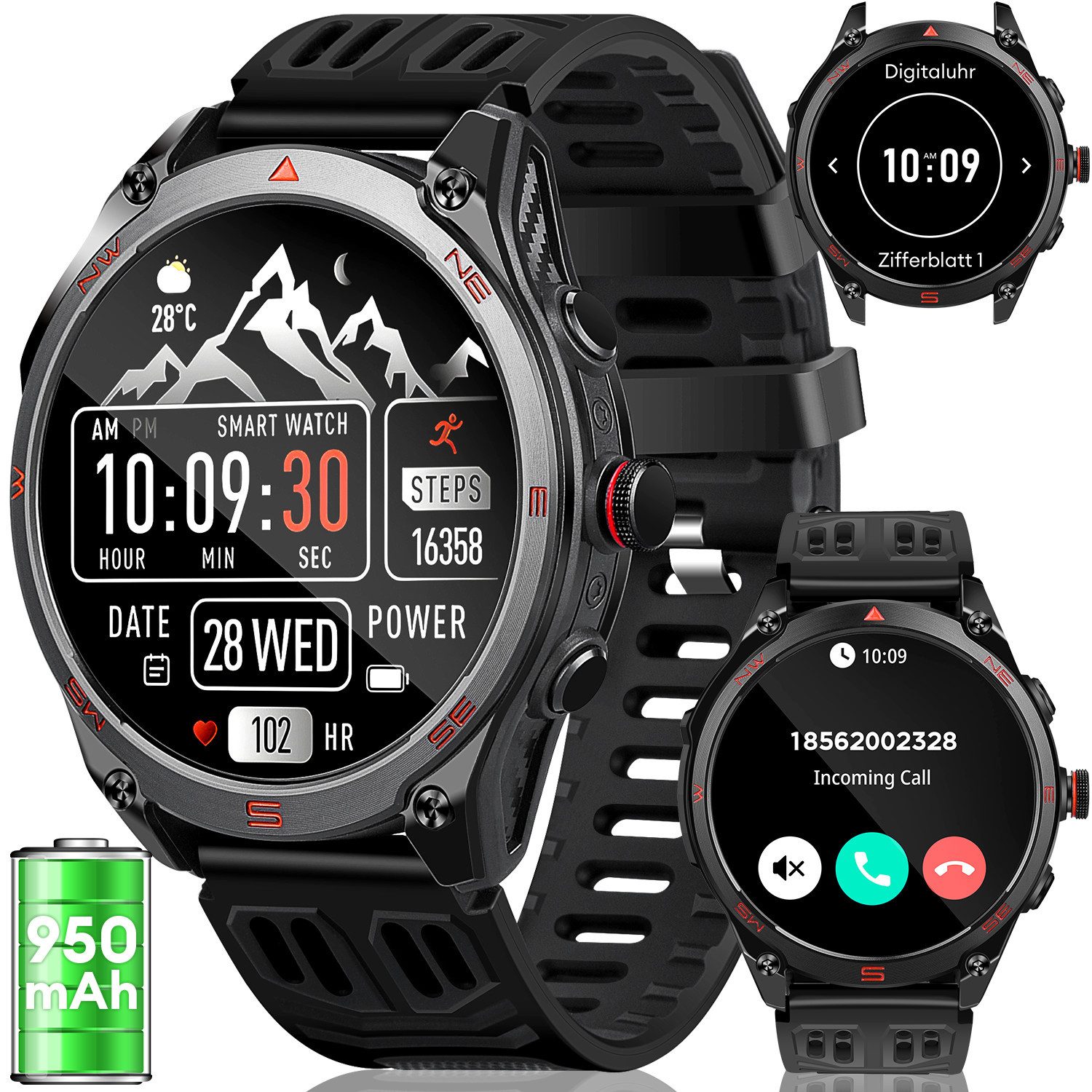 CkeyiN Pro Militär Smartwatch Herren 1,75 Zoll,AMOLED Taschenlampe & Kompass Smartwatch, IP68 Wasserdicht,24/7 Gesundheitsmonitor, 950mAh/90 Tage Standby, 120+ Sportmodi,Bluetooth Anrufe,Austauschbares Armband